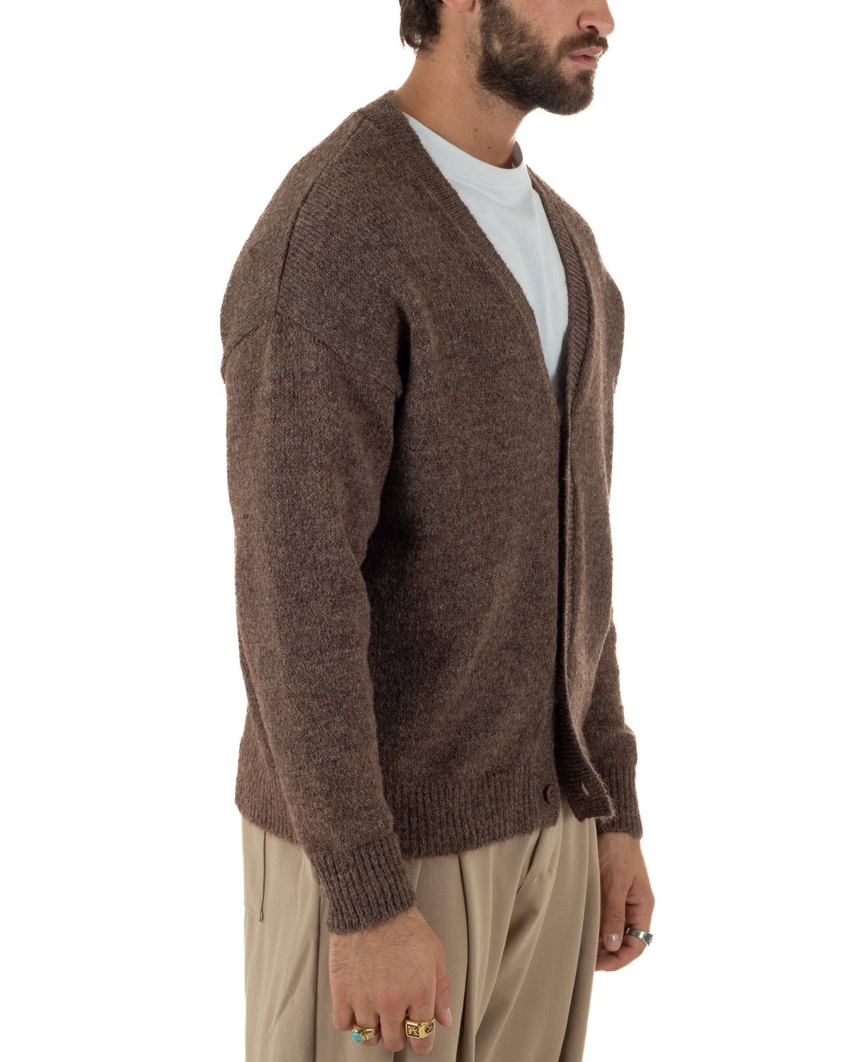 Cardigan lana mohair uomo maglia boxy fit morbido scollo a V bottoni marrone GIOSAL-M3175A