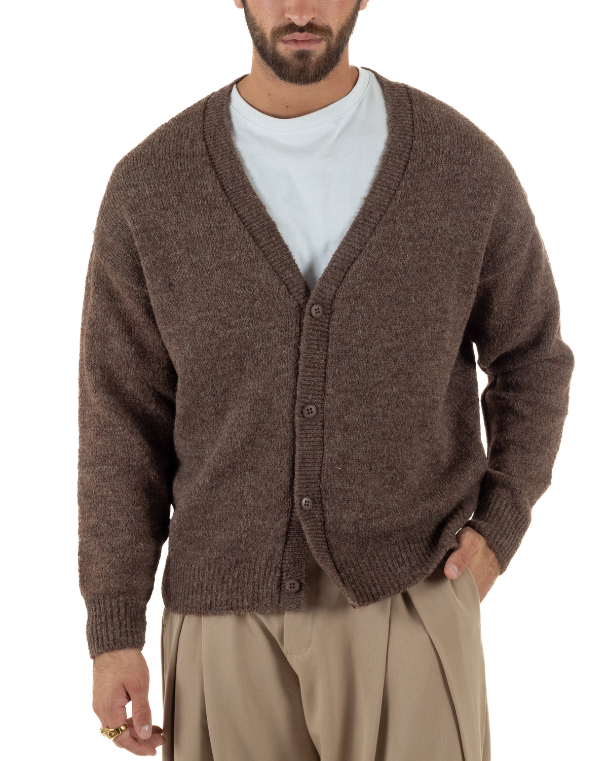 Cardigan lana mohair uomo maglia boxy fit morbido scollo a V bottoni marrone GIOSAL-M3175A