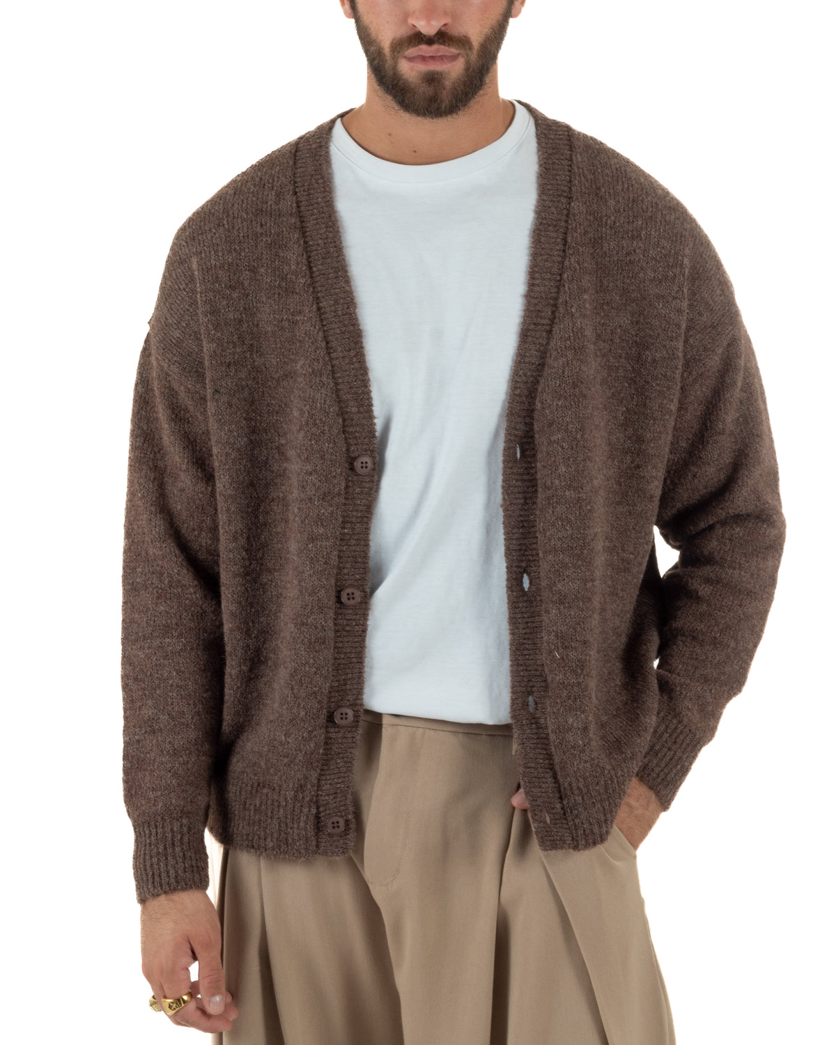 Cardigan lana mohair uomo maglia boxy fit morbido scollo a V bottoni marrone GIOSAL-M3175A