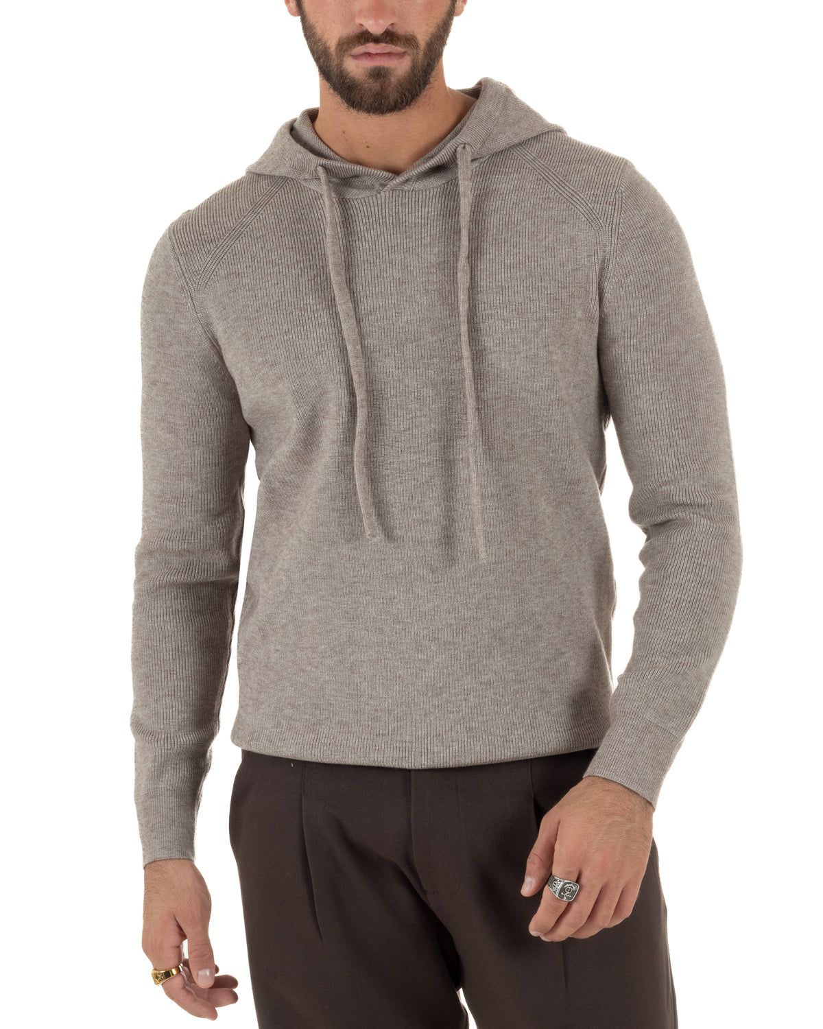 Maglioncino uomo maglia mélange con cappuccio coulisse beige GIOSAL-M3176A