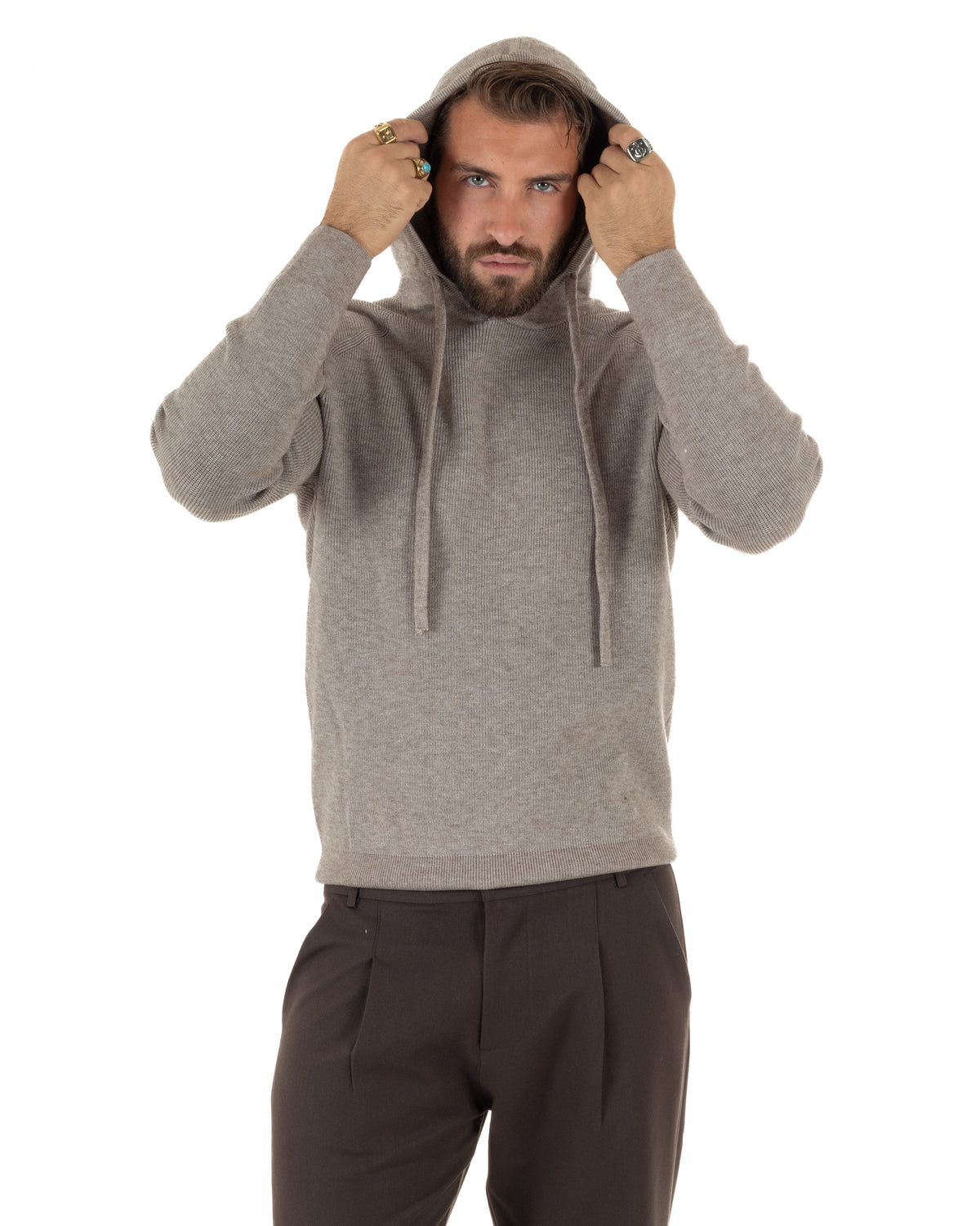Maglioncino uomo maglia mélange con cappuccio coulisse beige GIOSAL-M3176A