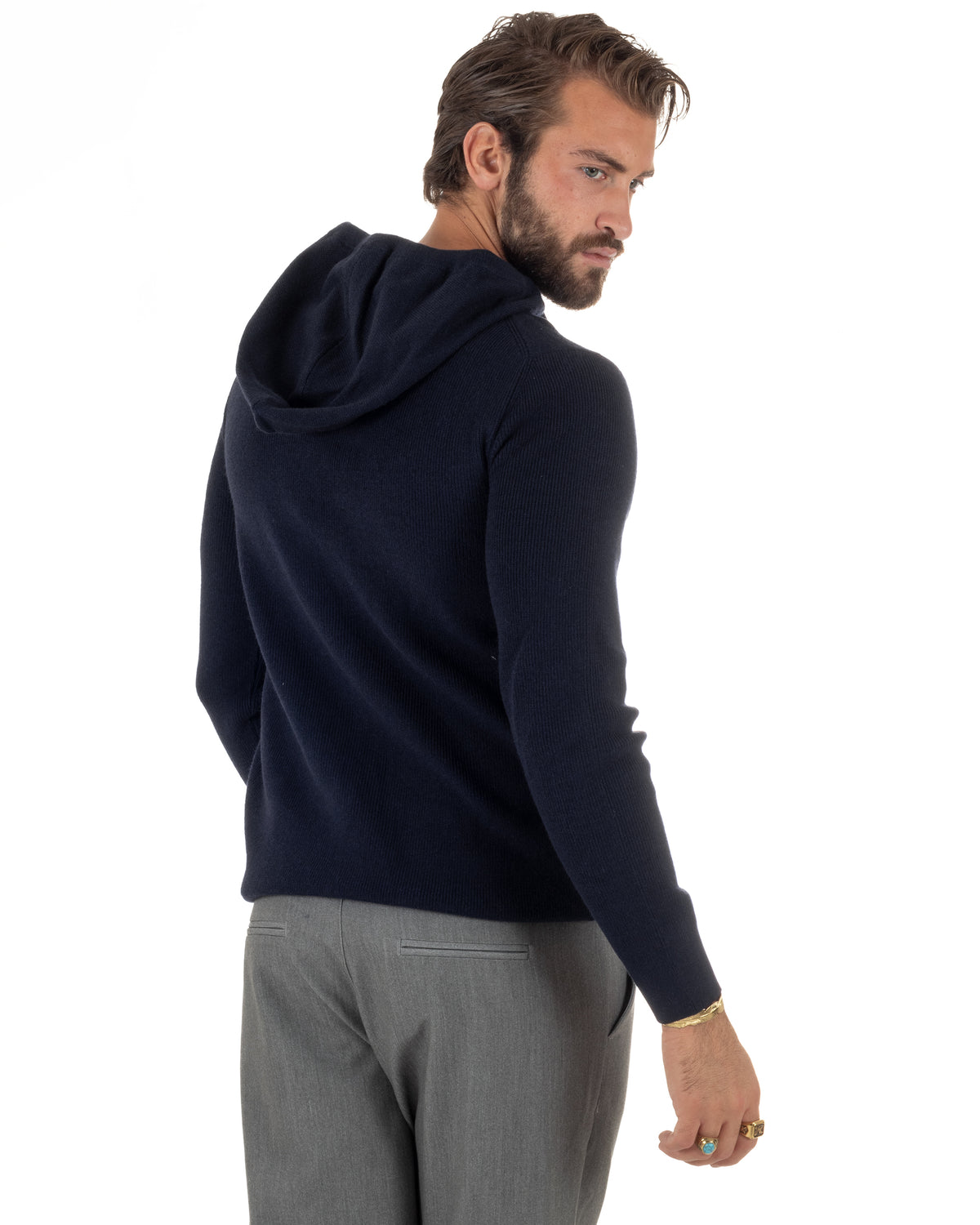 Maglioncino uomo maglia mélange con cappuccio coulisse blu GIOSAL-M3177A