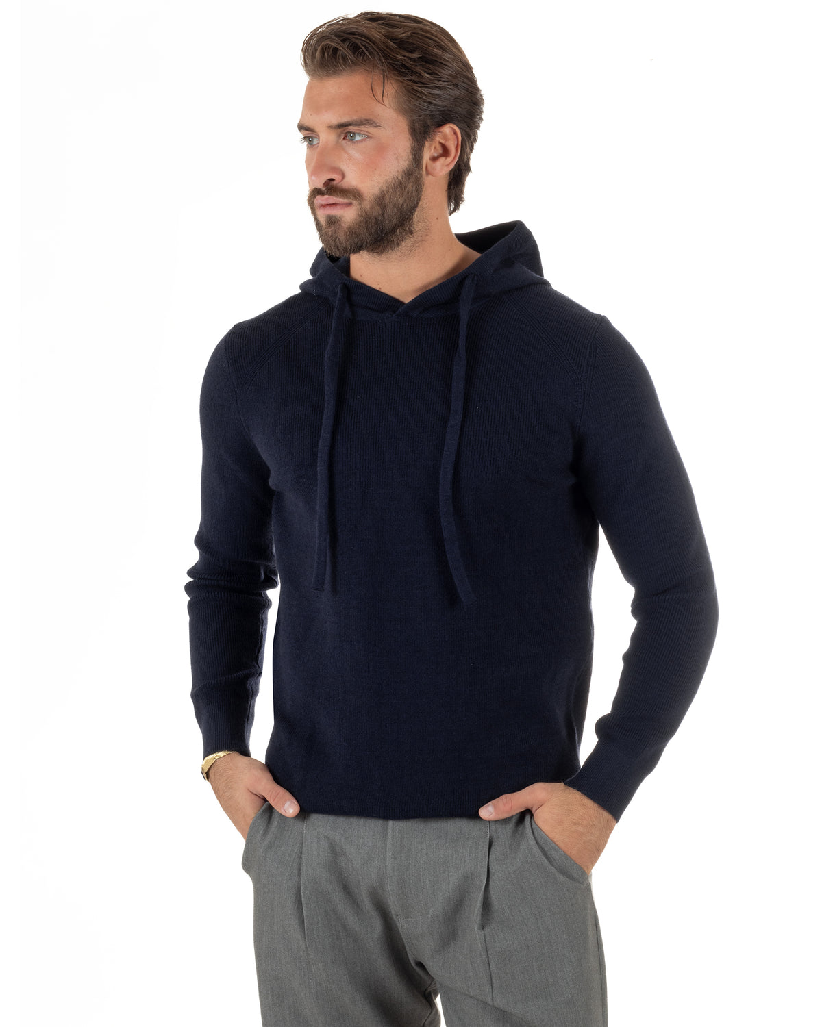 Maglioncino uomo maglia mélange con cappuccio coulisse blu GIOSAL-M3177A