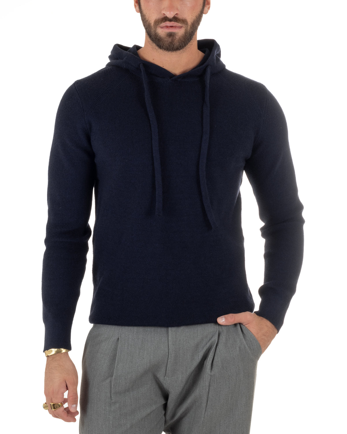 Maglioncino uomo maglia mélange con cappuccio coulisse blu GIOSAL-M3177A