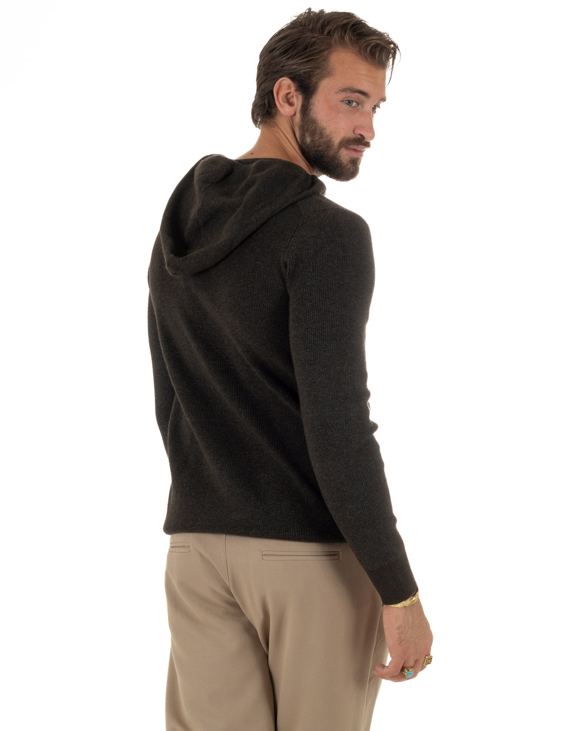 Maglioncino uomo maglia mélange con cappuccio coulisse marrone GIOSAL-M3178A