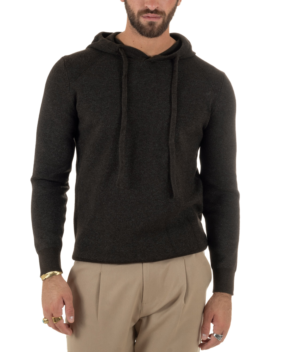 Maglioncino uomo maglia mélange con cappuccio coulisse marrone GIOSAL-M3178A