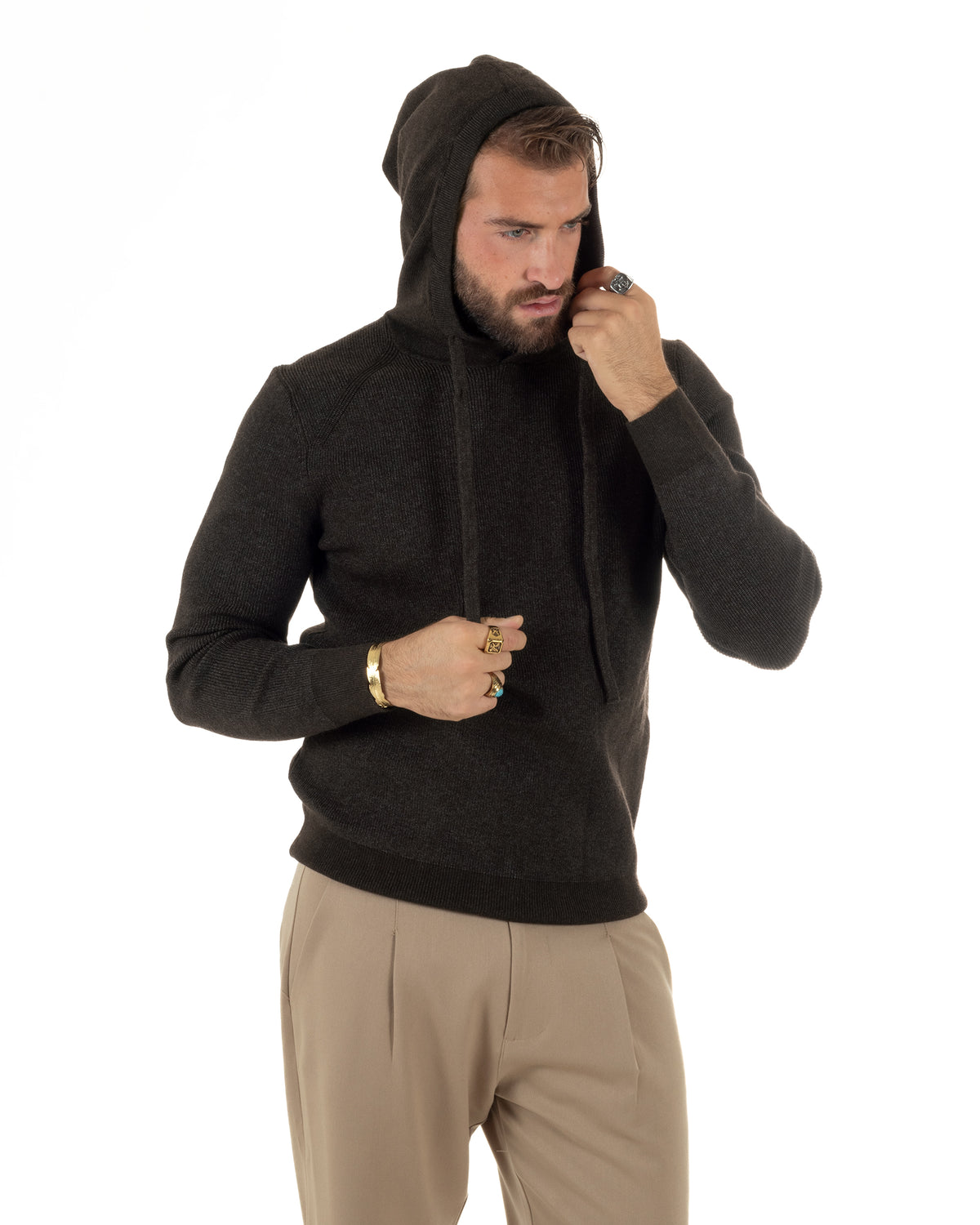 Maglioncino uomo maglia mélange con cappuccio coulisse marrone GIOSAL-M3178A