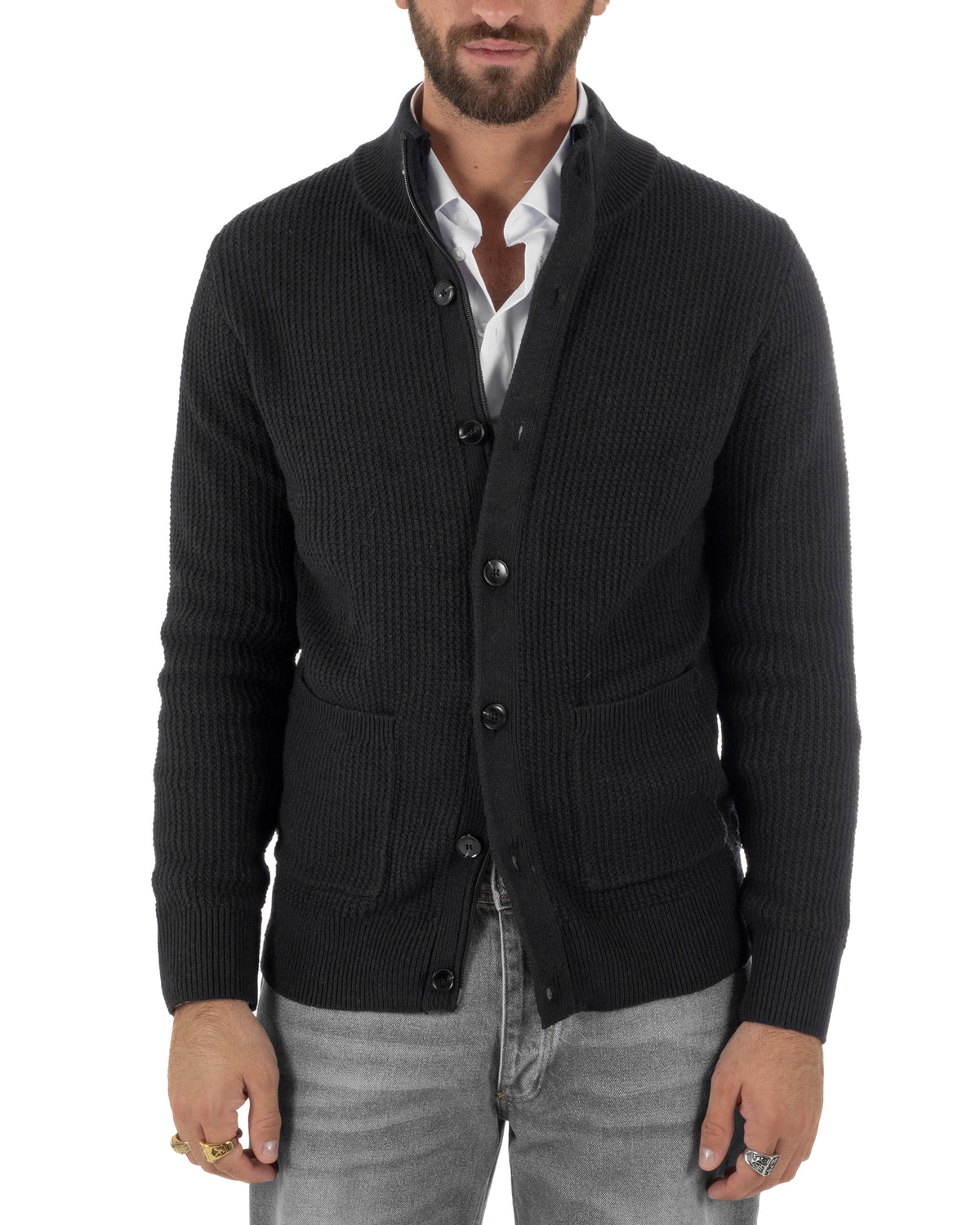 Cardigan lana uomo giacca collo alto maglia nido d'ape bottoni nero GIOSAL-M3180A