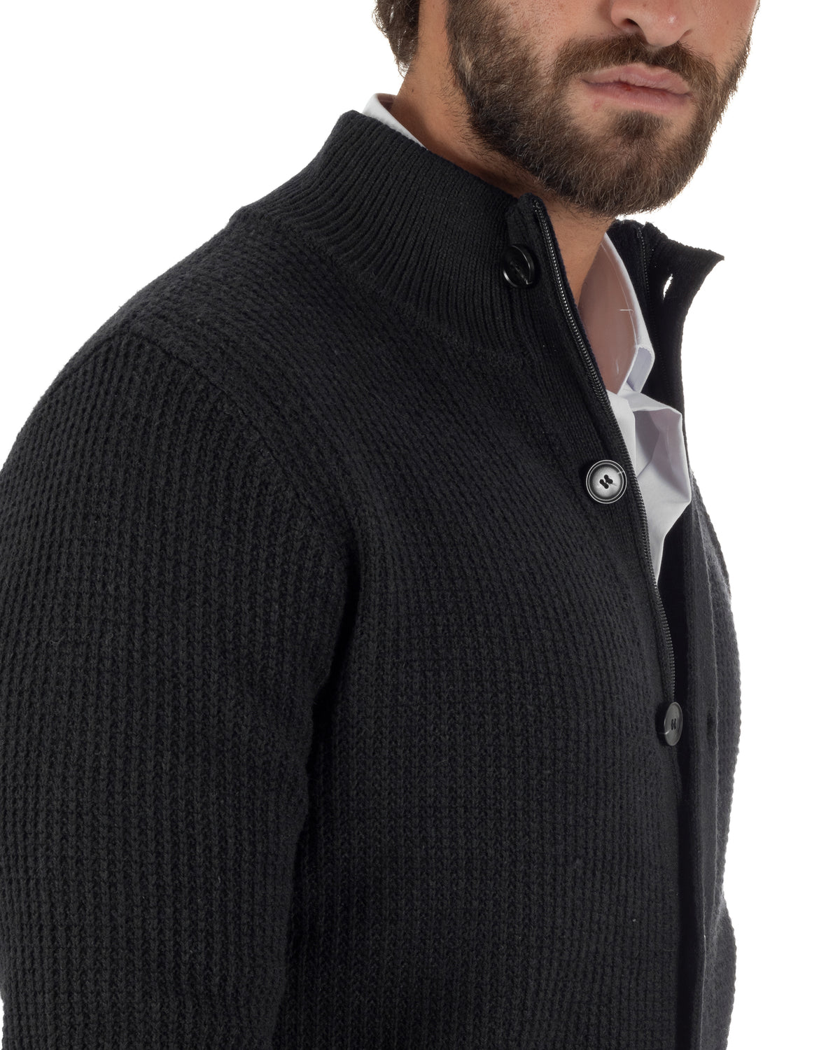 Cardigan lana uomo giacca collo alto maglia nido d'ape bottoni nero GIOSAL-M3180A