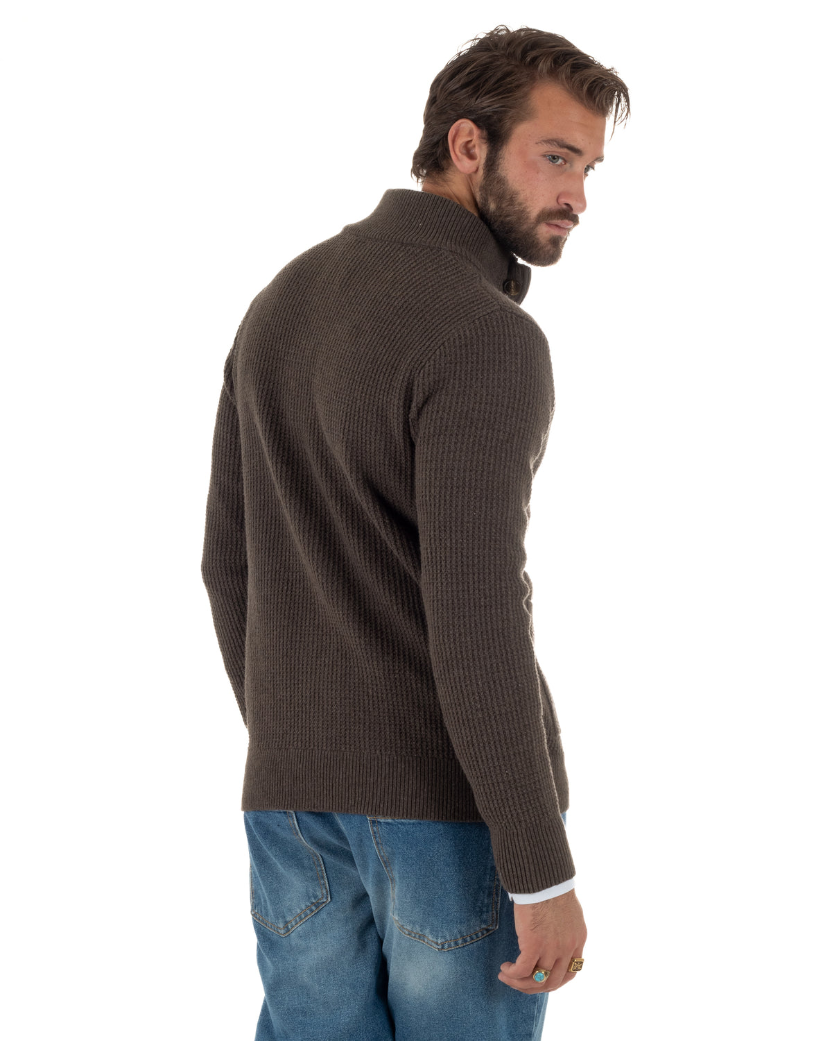 Cardigan lana uomo giacca collo alto maglia nido d'ape bottoni marrone GIOSAL-M3181A