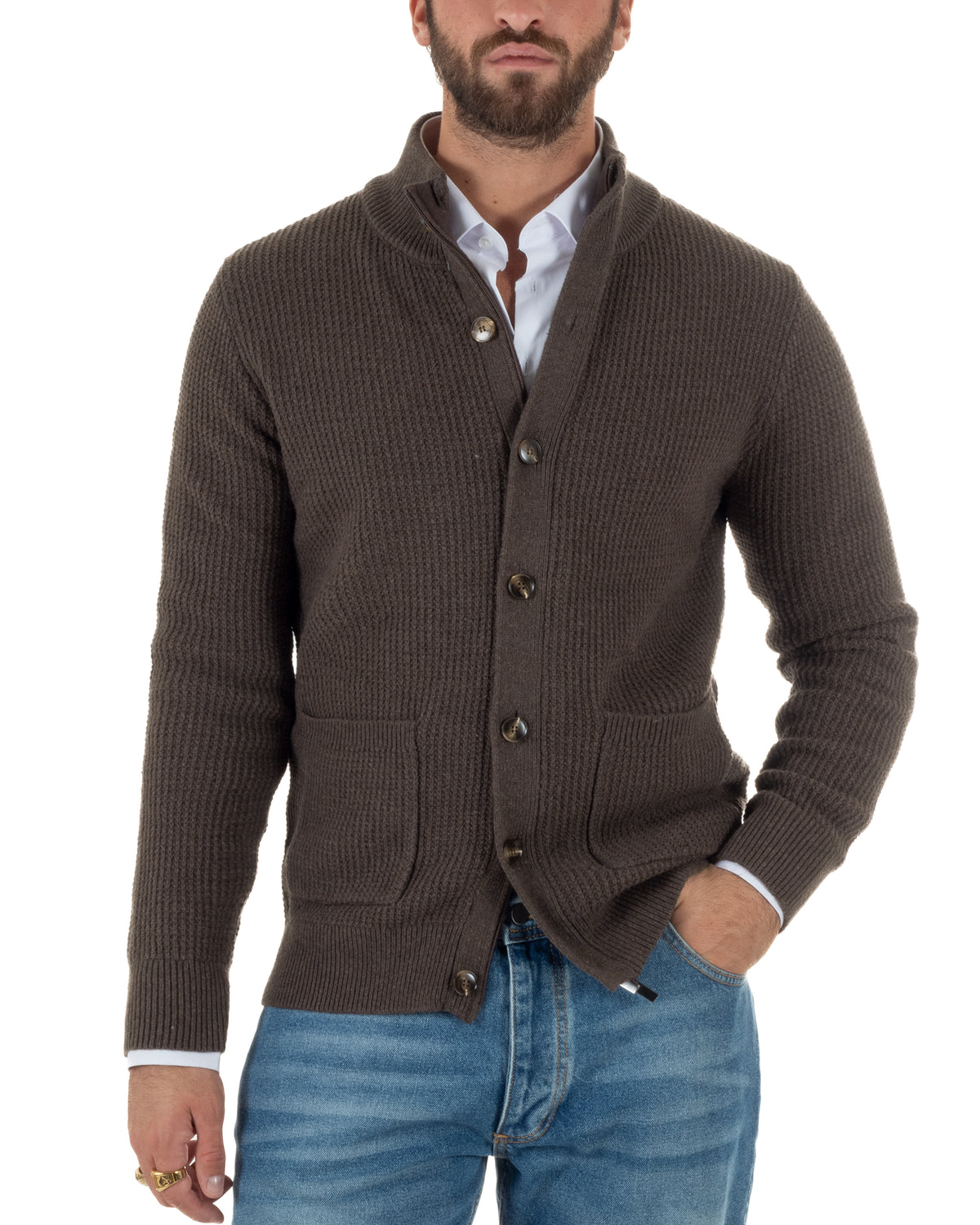 Cardigan lana uomo giacca collo alto maglia nido d'ape bottoni marrone GIOSAL-M3181A