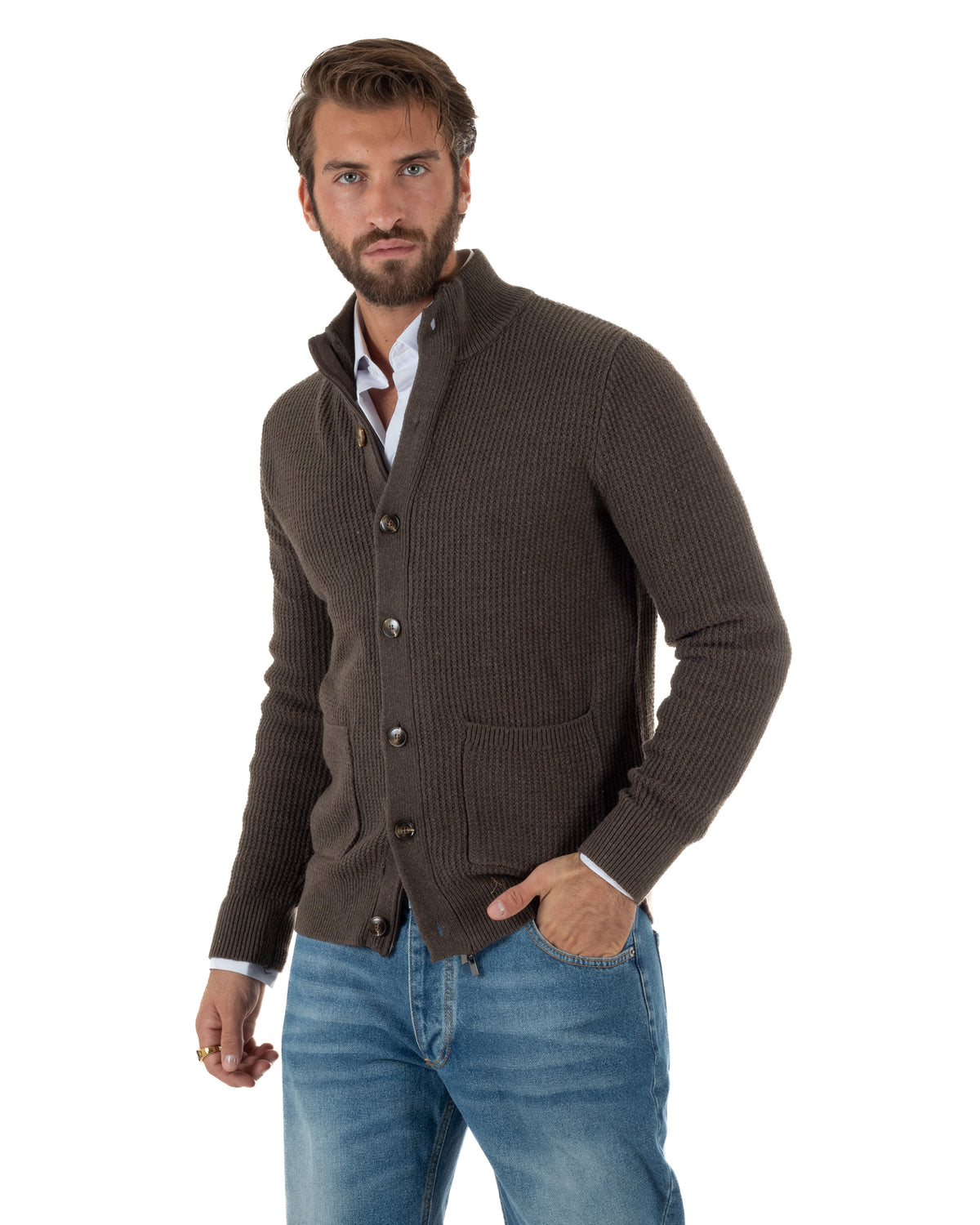 Cardigan lana uomo giacca collo alto maglia nido d'ape bottoni marrone GIOSAL-M3181A