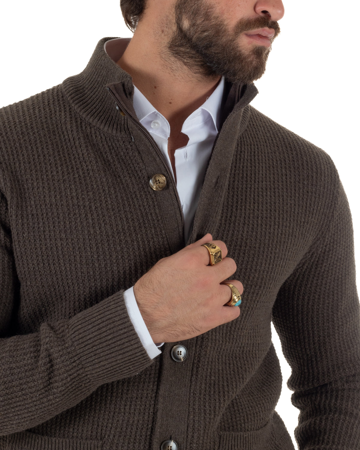 Cardigan lana uomo giacca collo alto maglia nido d'ape bottoni marrone GIOSAL-M3181A