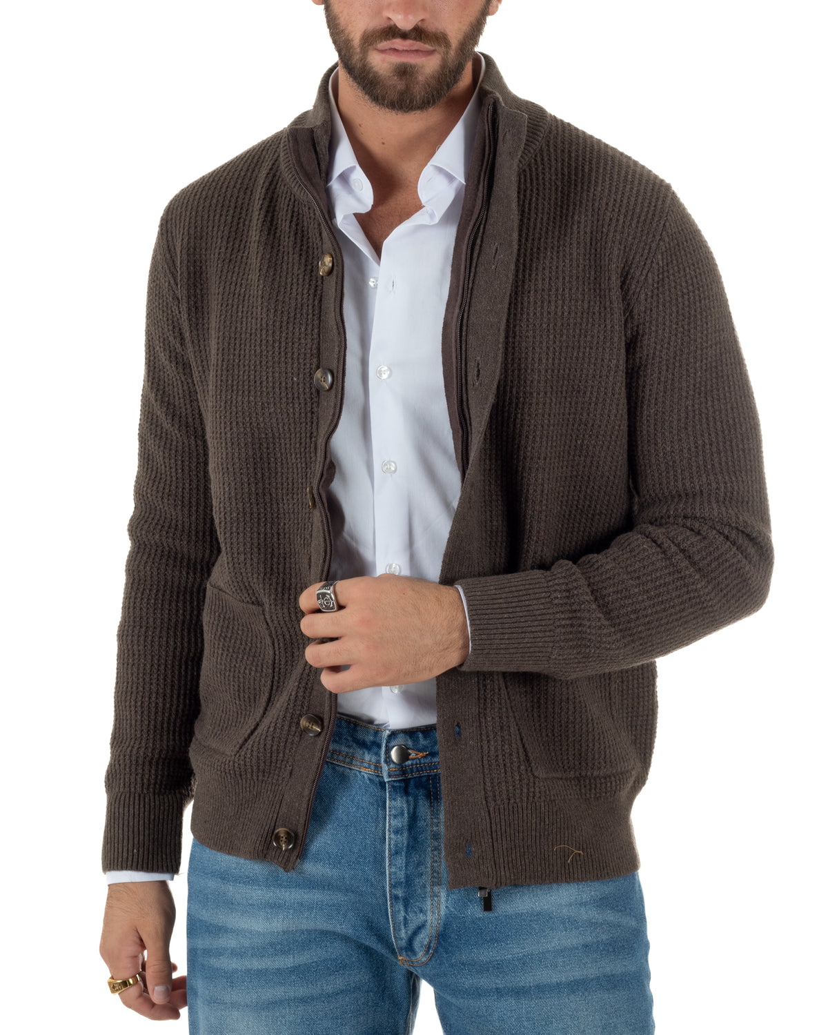 Cardigan lana uomo giacca collo alto maglia nido d'ape bottoni marrone GIOSAL-M3181A