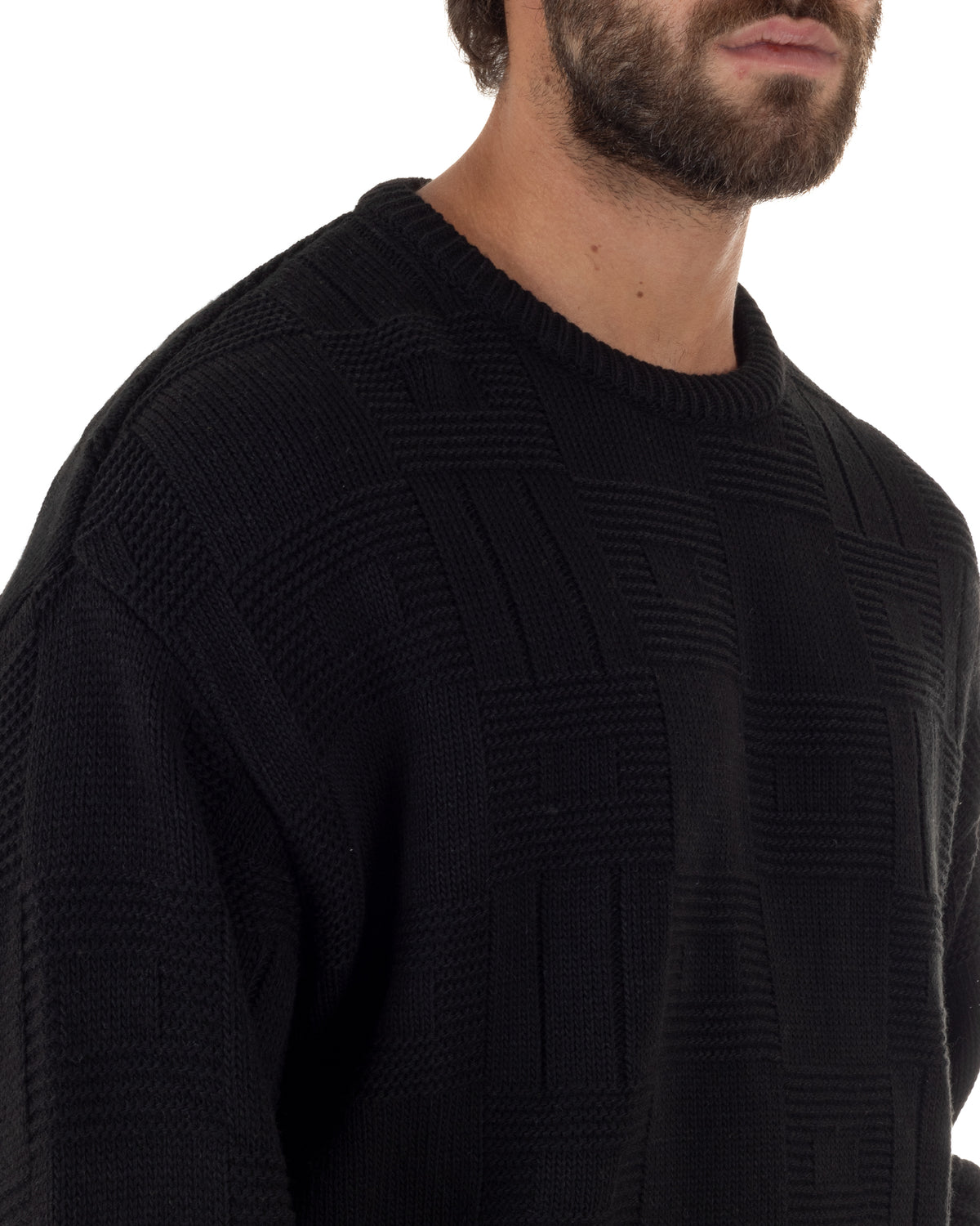 Maglioncino misto lana uomo girocollo boxy fit fantasia a quadri coste nero GIOSAL-M3188A
