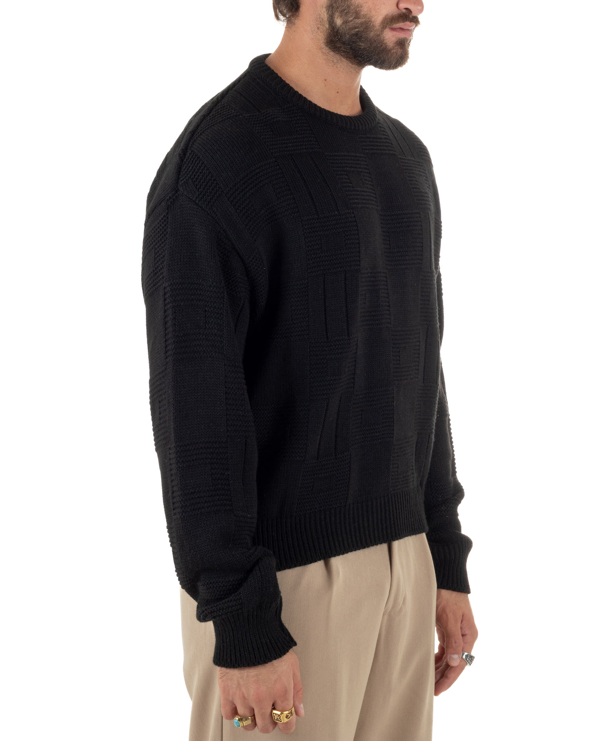 Maglioncino misto lana uomo girocollo boxy fit fantasia a quadri coste nero GIOSAL-M3188A
