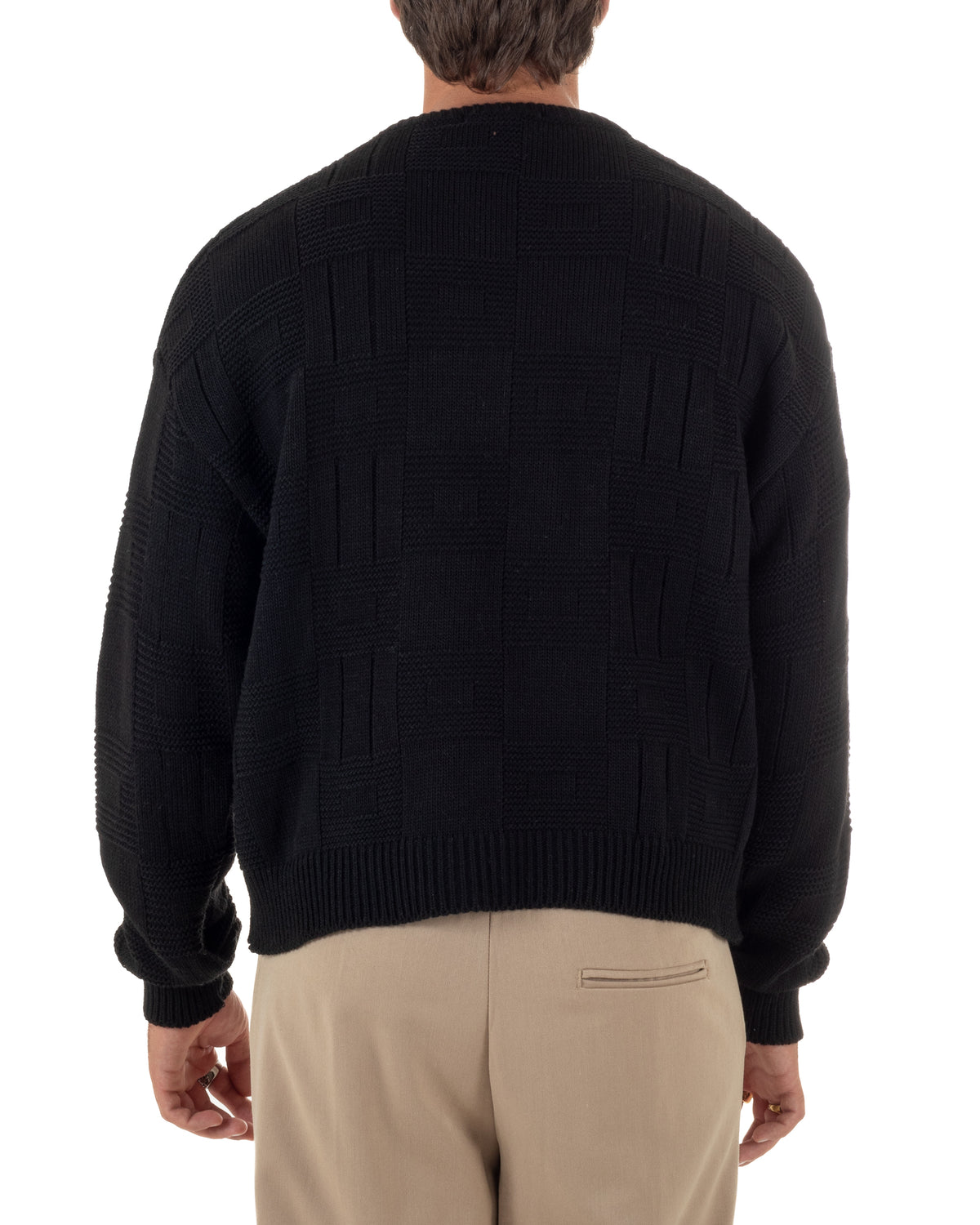 Maglioncino misto lana uomo girocollo boxy fit fantasia a quadri coste nero GIOSAL-M3188A