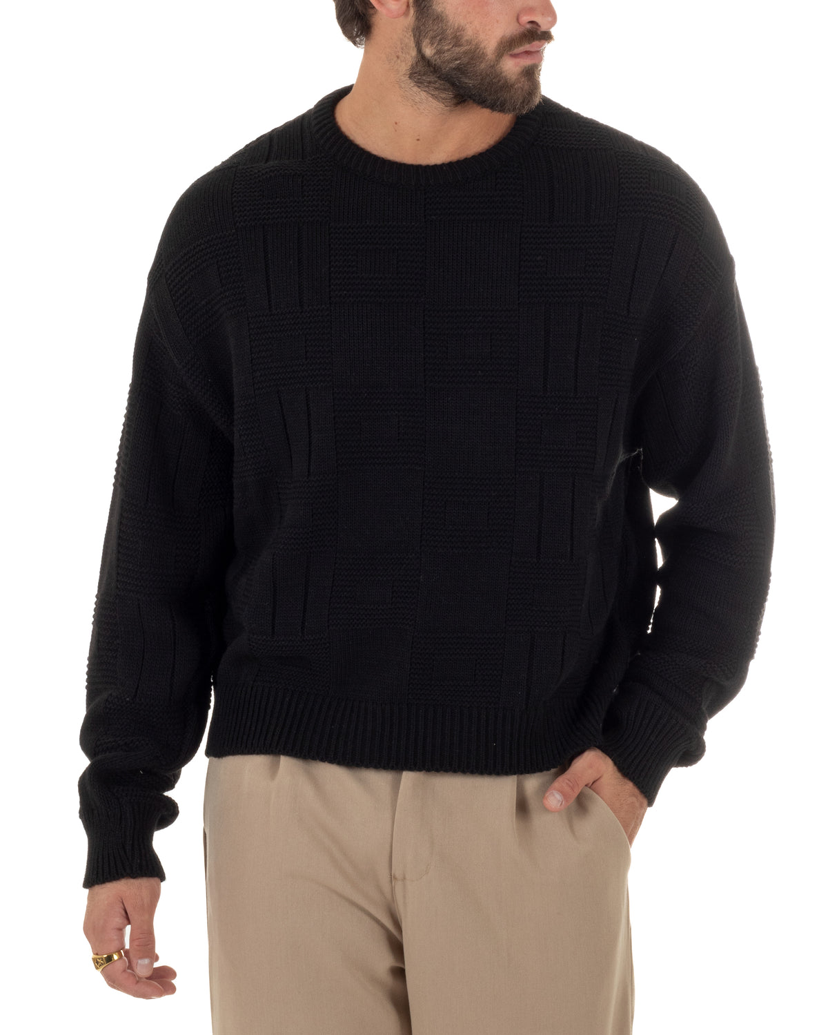 Maglioncino misto lana uomo girocollo boxy fit fantasia a quadri coste nero GIOSAL-M3188A
