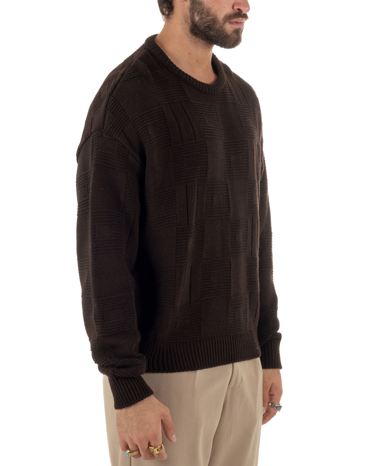 Maglioncino misto lana uomo girocollo boxy fit fantasia a quadri coste marrone GIOSAL-M3189A