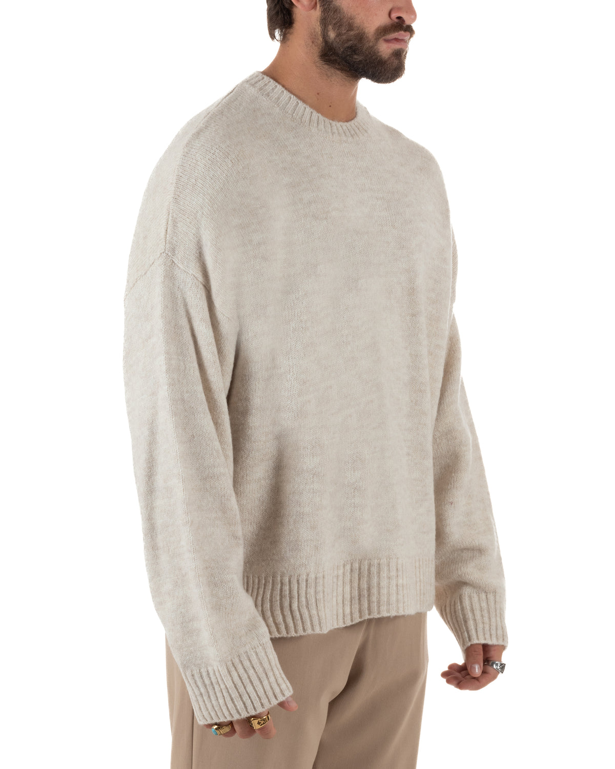 Maglioncino lana mohair uomo girocollo maglia boxy fit morbido beige BlackSunday-M3193A
