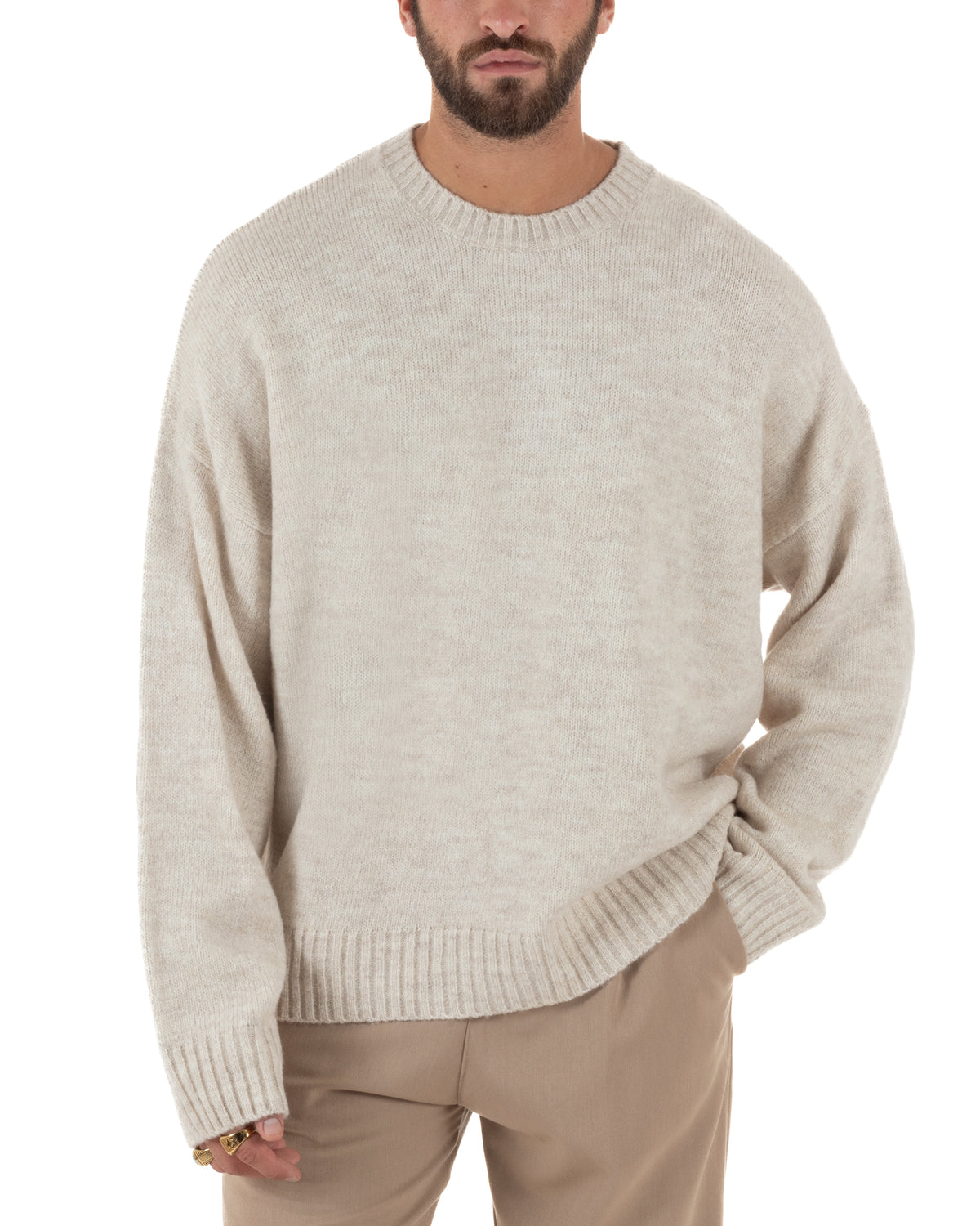 Maglioncino lana mohair uomo girocollo maglia boxy fit morbido beige BlackSunday-M3193A
