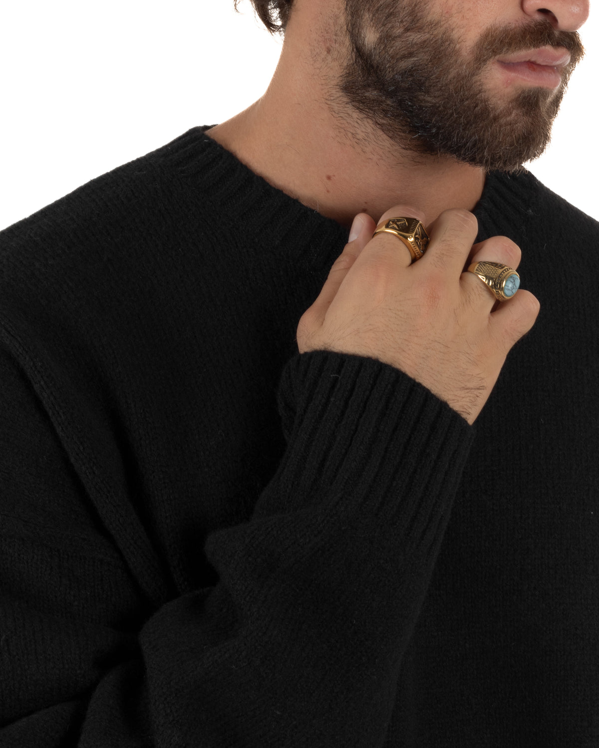 Jersey de punto mixto de lana y mohair para hombre de cuello redondo, corte boxy fit suave, negro BlackSunday-M3194A