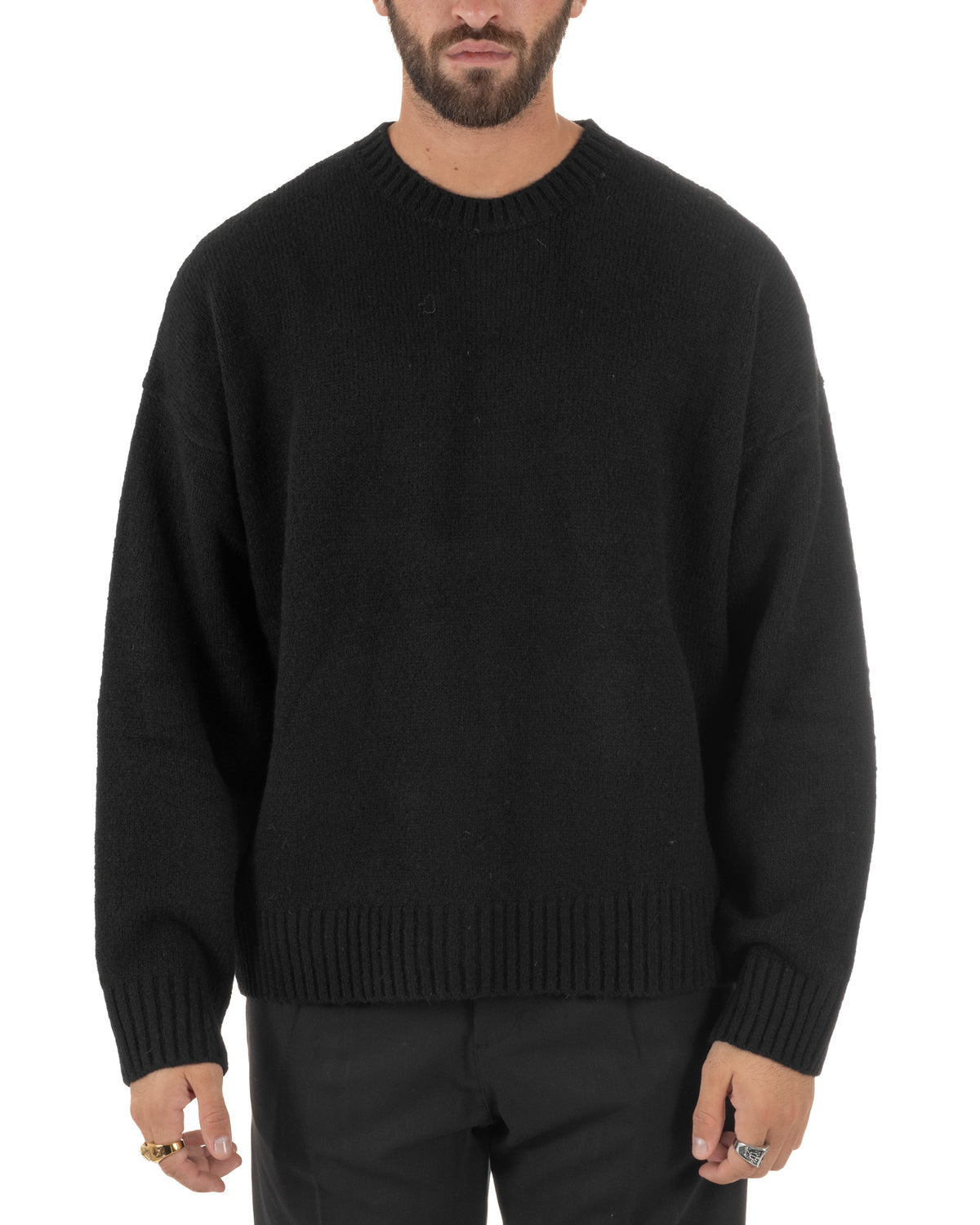 Jersey de punto mixto de lana y mohair para hombre de cuello redondo, corte boxy fit suave, negro BlackSunday-M3194A