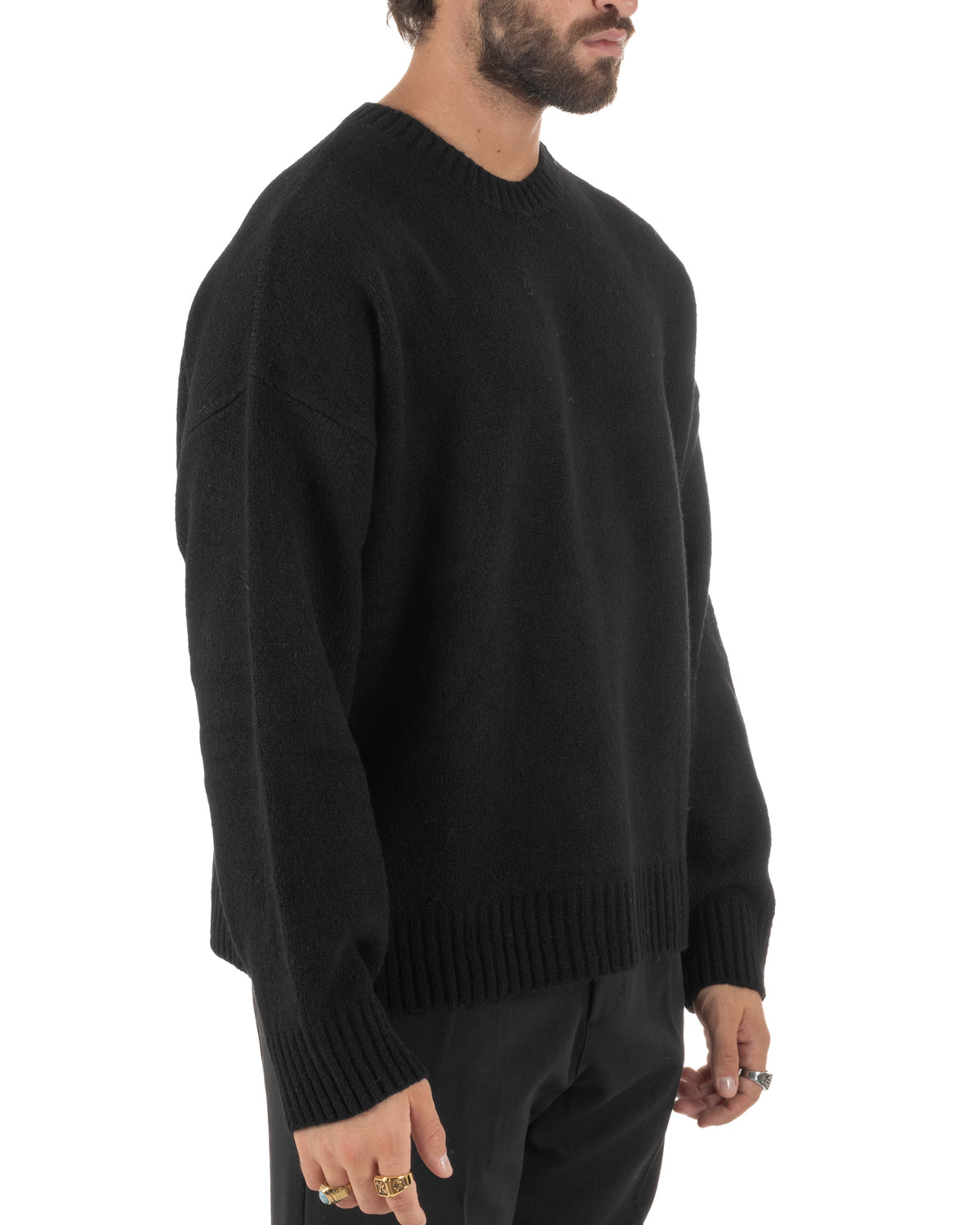 Jersey de punto mixto de lana y mohair para hombre de cuello redondo, corte boxy fit suave, negro BlackSunday-M3194A