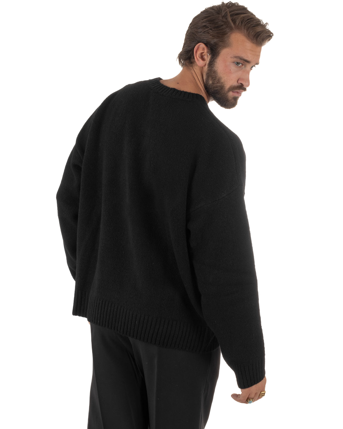 Jersey de punto mixto de lana y mohair para hombre de cuello redondo, corte boxy fit suave, negro BlackSunday-M3194A