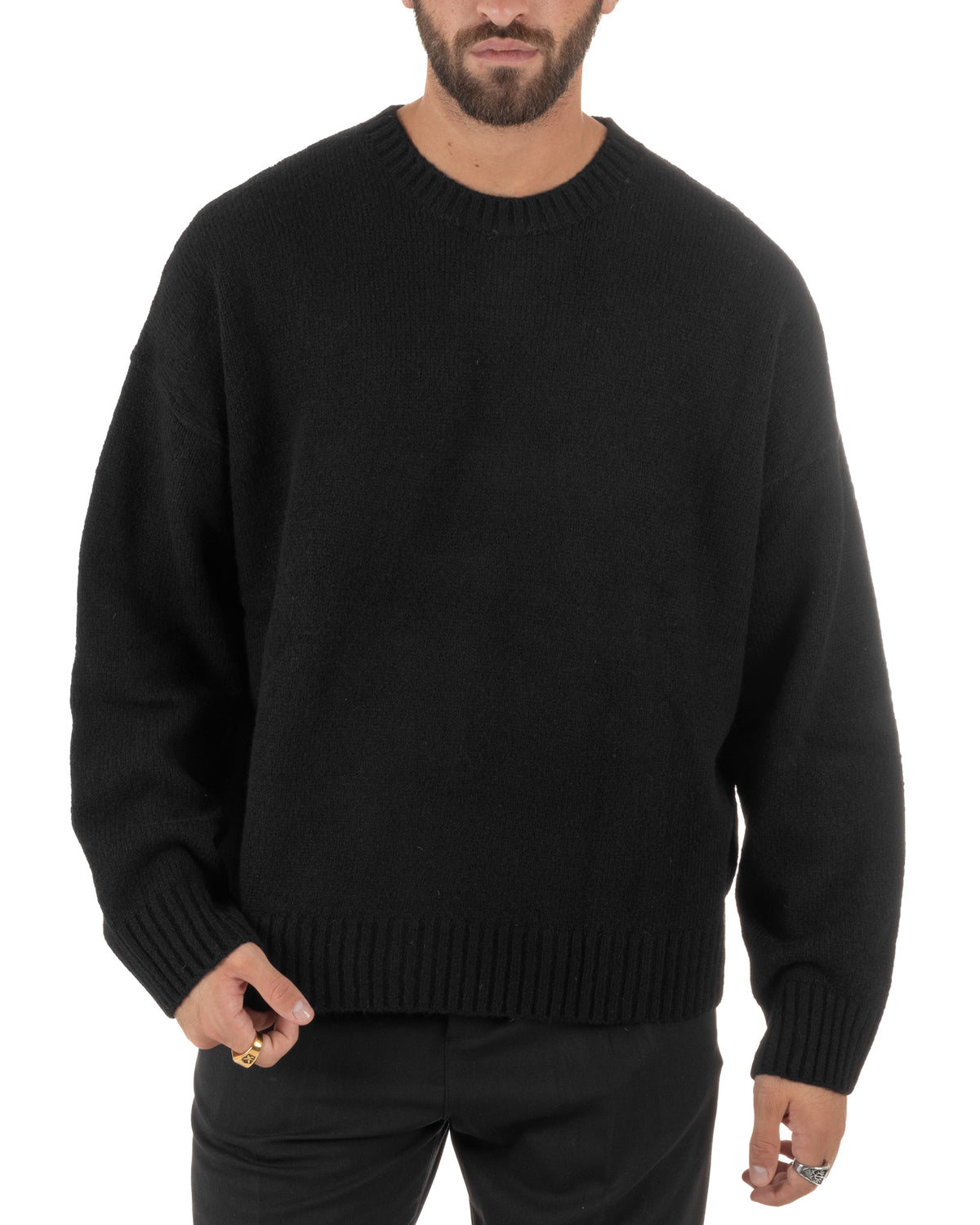 Jersey de punto mixto de lana y mohair para hombre de cuello redondo, corte boxy fit suave, negro BlackSunday-M3194A