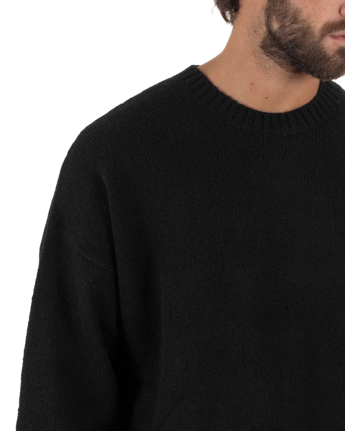 Jersey de punto mixto de lana y mohair para hombre de cuello redondo, corte boxy fit suave, negro BlackSunday-M3194A
