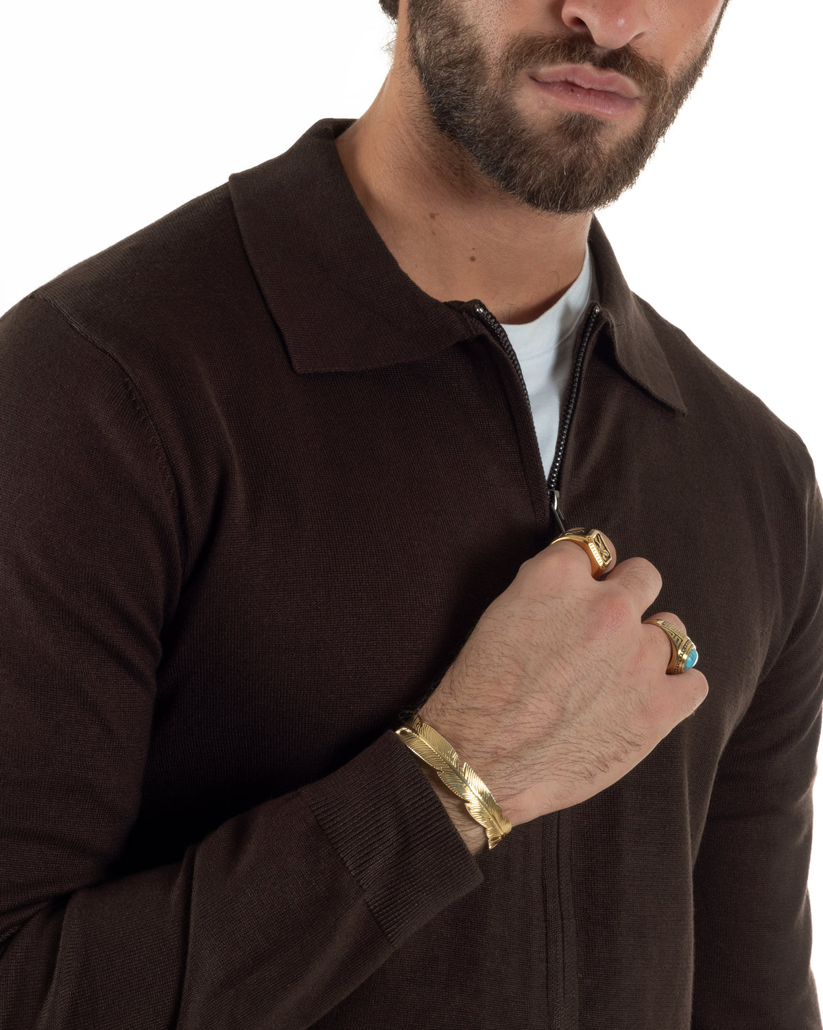 Cárdigan de hombre de punto liso con cuello polo y cremallera completa marrón GIOSAL-M3196A