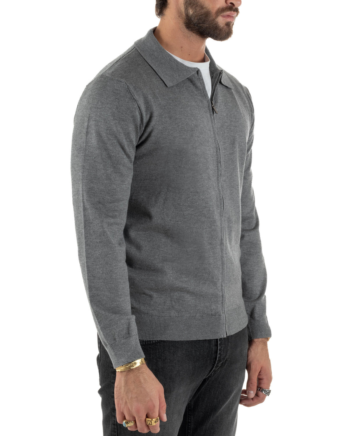 Cárdigan de punto liso para hombre con cuello polo y cremallera completa gris GIOSAL-M3197A