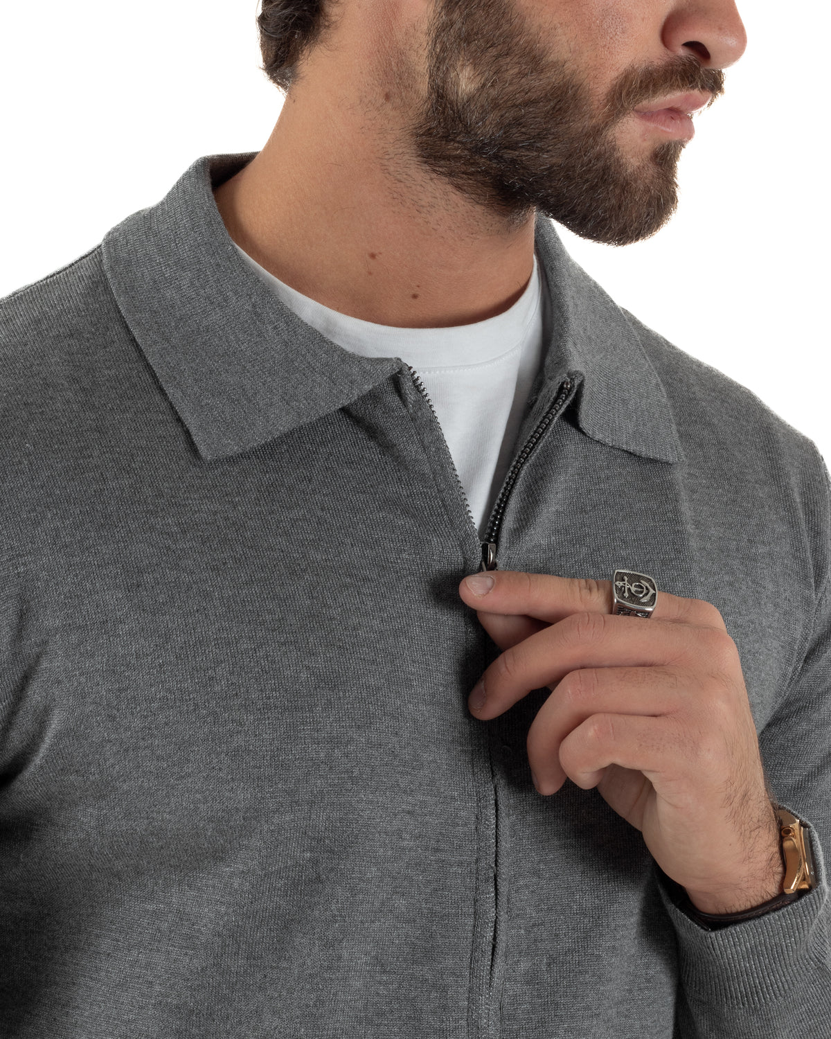 Cárdigan de punto liso para hombre con cuello polo y cremallera completa gris GIOSAL-M3197A
