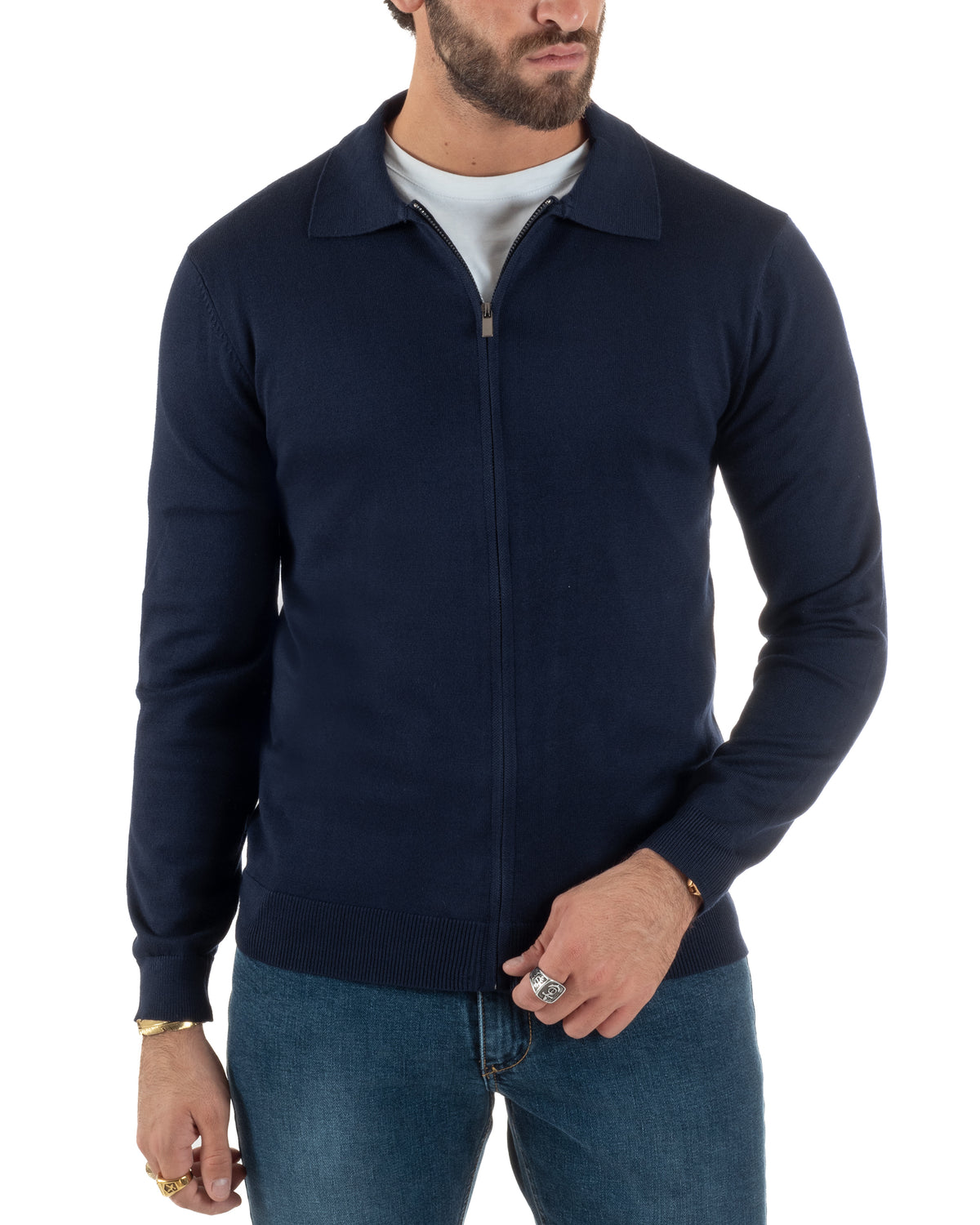 Polo uomo maglia rasata cardigan colletto full zip blu GIOSAL-M3198A