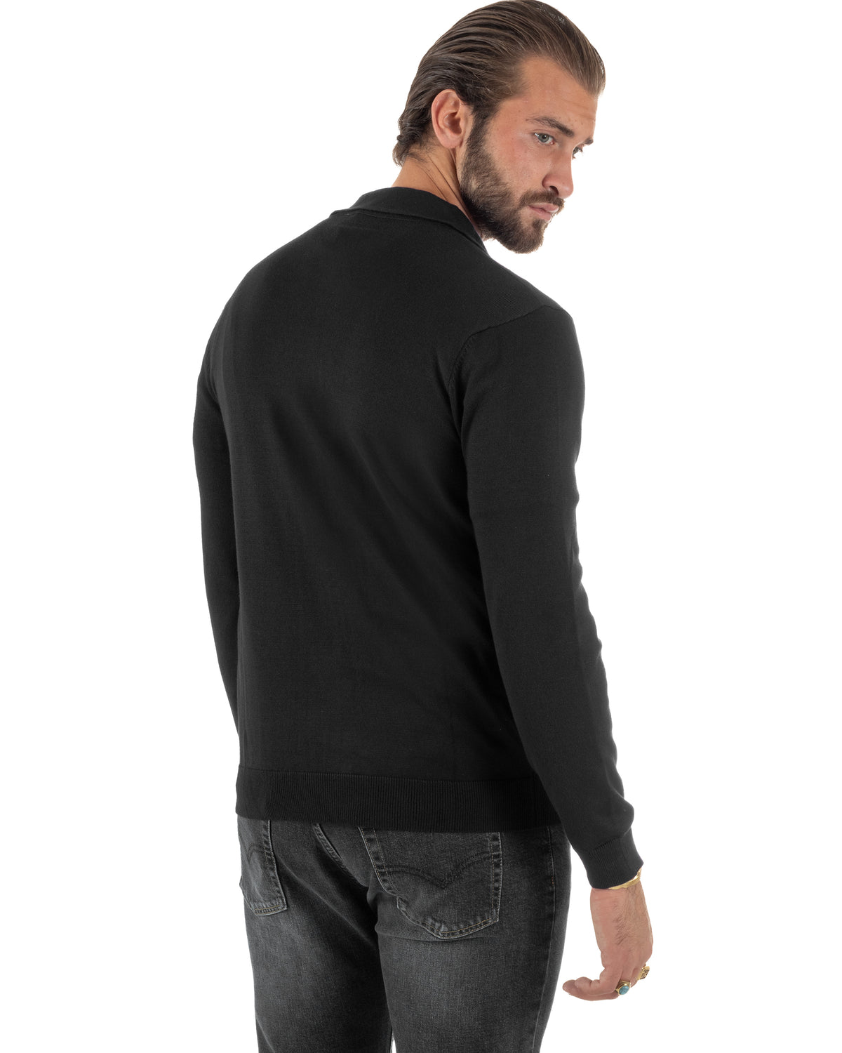 Cárdigan de hombre de punto liso con cuello polo, cremallera completa, negro GIOSAL-M3199A