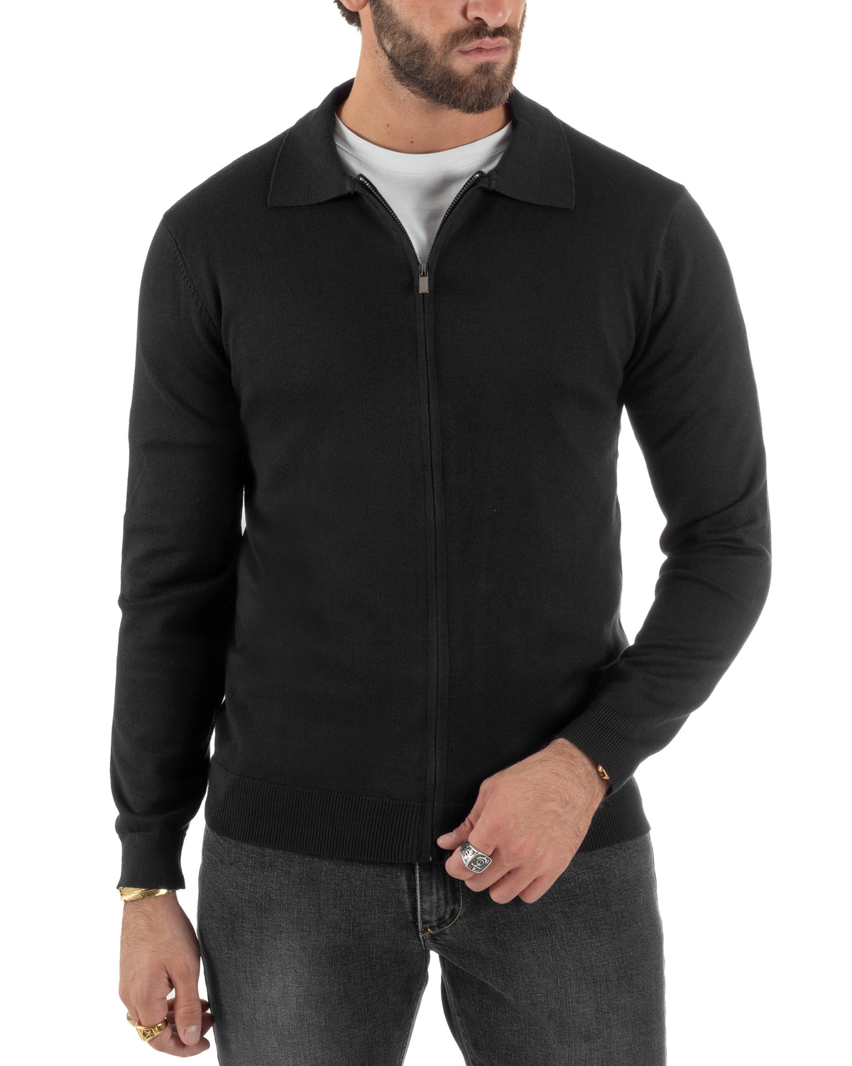 Cárdigan de hombre de punto liso con cuello polo, cremallera completa, negro GIOSAL-M3199A