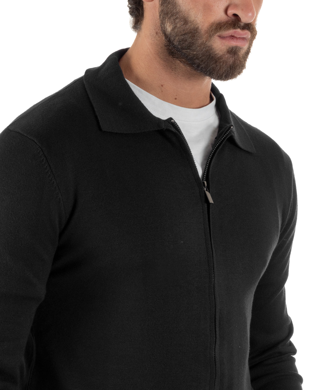Cárdigan de hombre de punto liso con cuello polo, cremallera completa, negro GIOSAL-M3199A