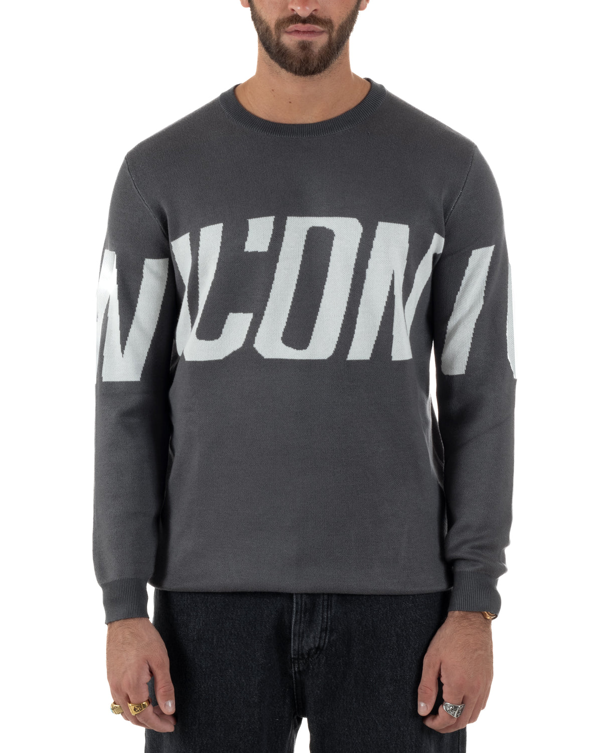 Maglione uomo girocollo maglia stripe con logo grigio ICON-IUM004