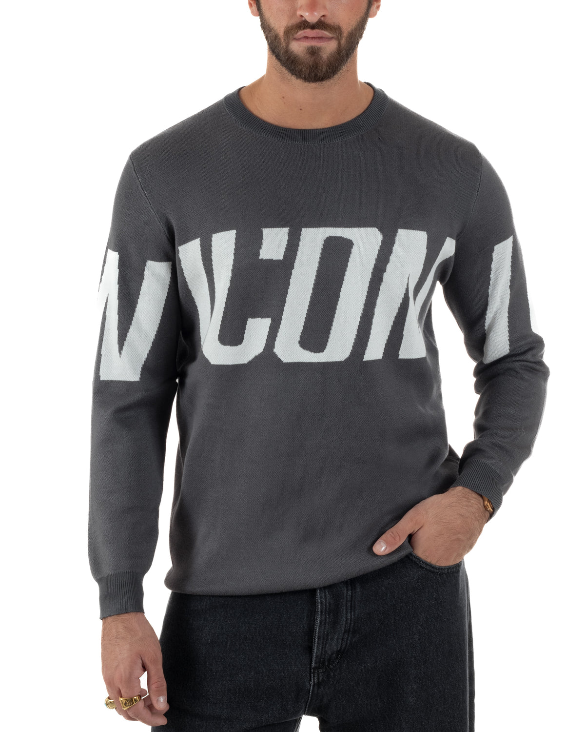 Maglione uomo girocollo maglia stripe con logo grigio ICON-IUM004