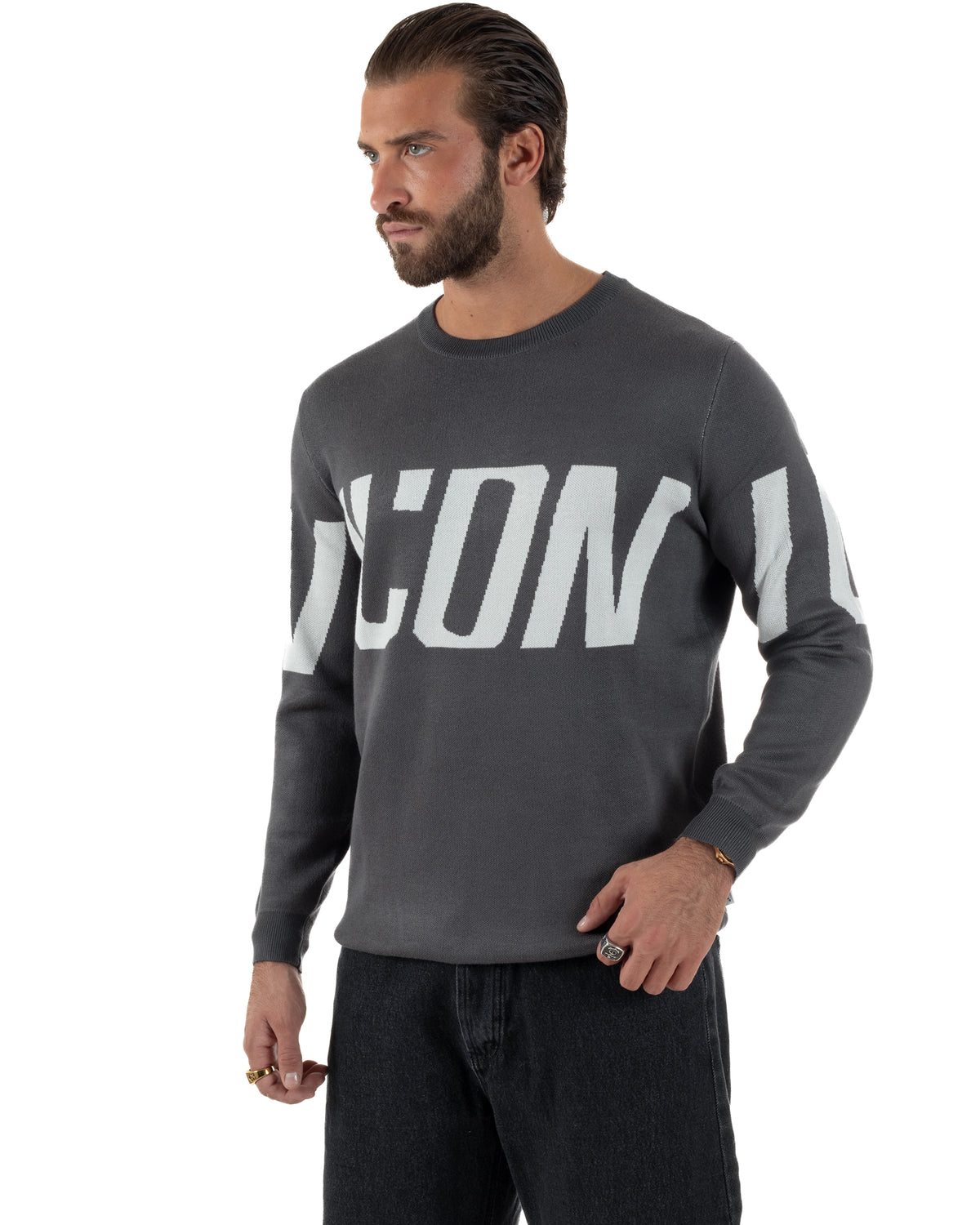 Maglione uomo girocollo maglia stripe con logo grigio ICON-IUM004
