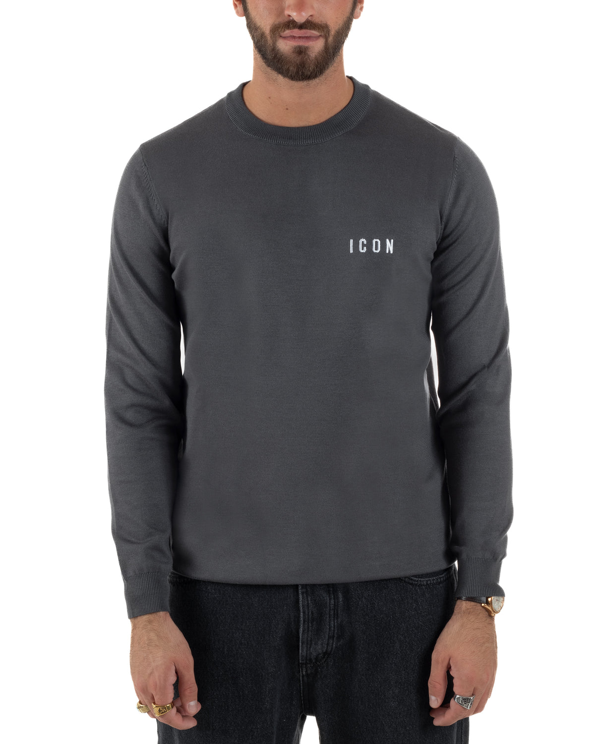 Maglione uomo girocollo maglia con ricamo con logo grigio ICON-IUM003