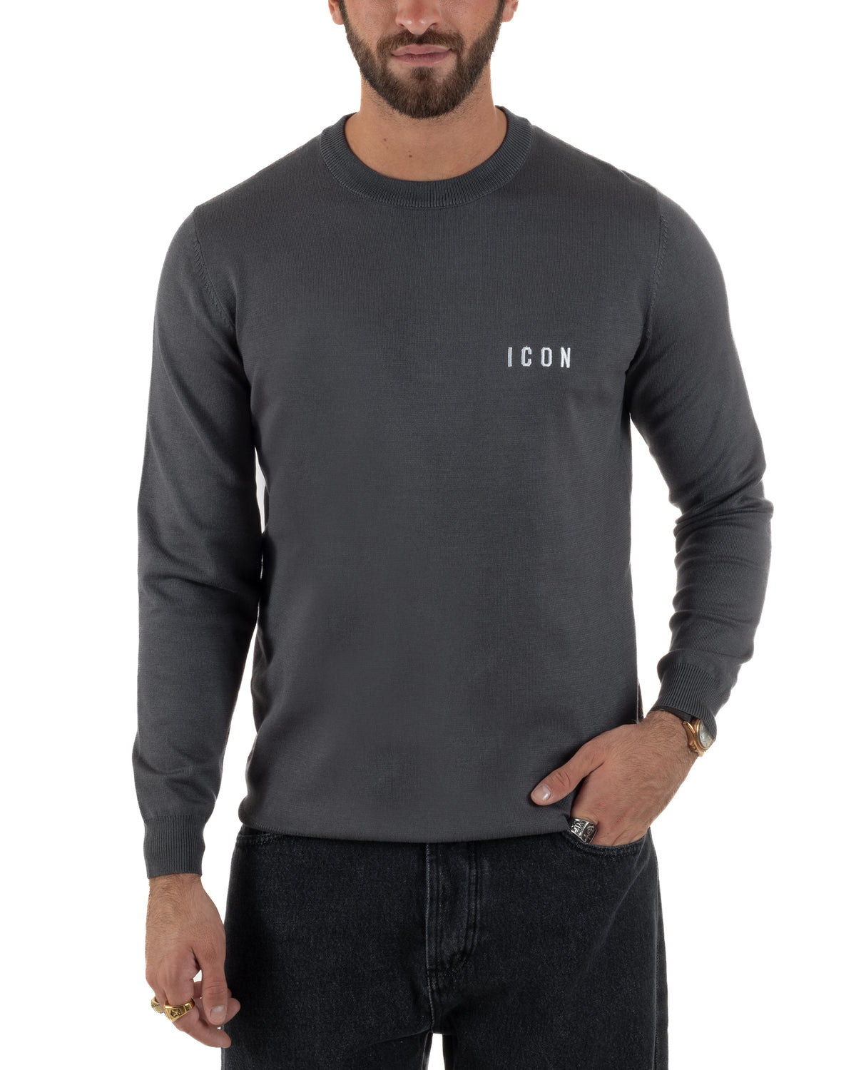 Maglione uomo girocollo maglia con ricamo con logo grigio ICON-IUM003