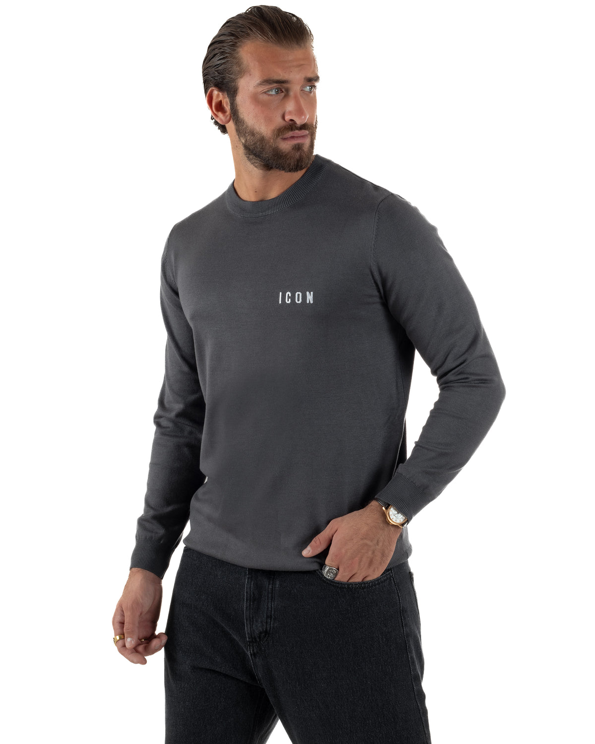Maglione uomo girocollo maglia con ricamo con logo grigio ICON-IUM003