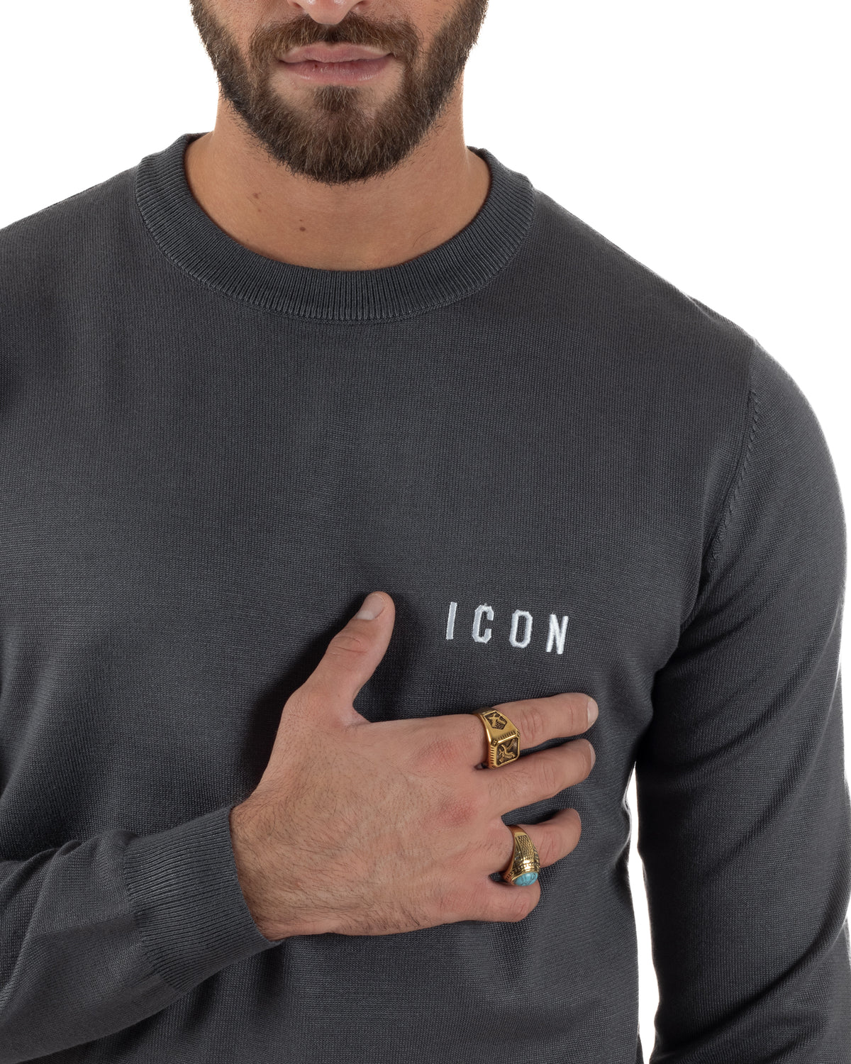 Maglione uomo girocollo maglia con ricamo con logo grigio ICON-IUM003