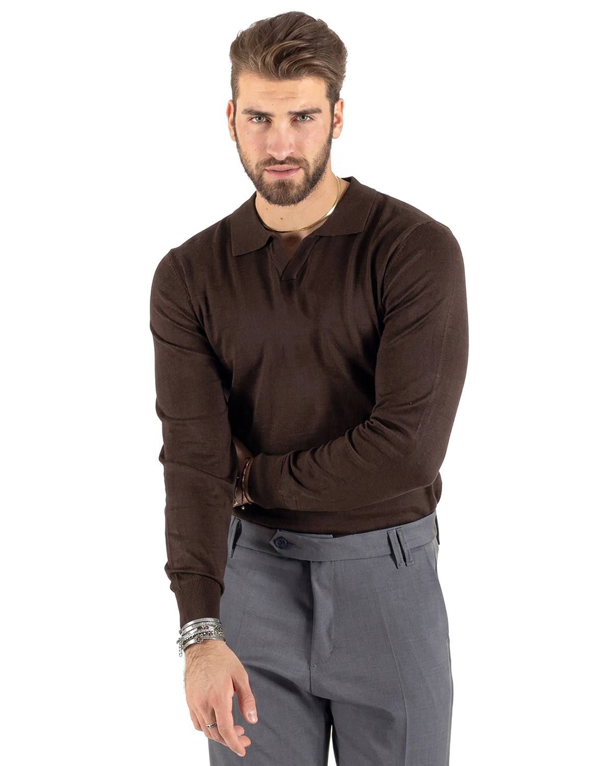 Maglioncino Uomo Maglia Colletto Polo Derby Scollo V Basic Marrone GIOSAL-M3218A