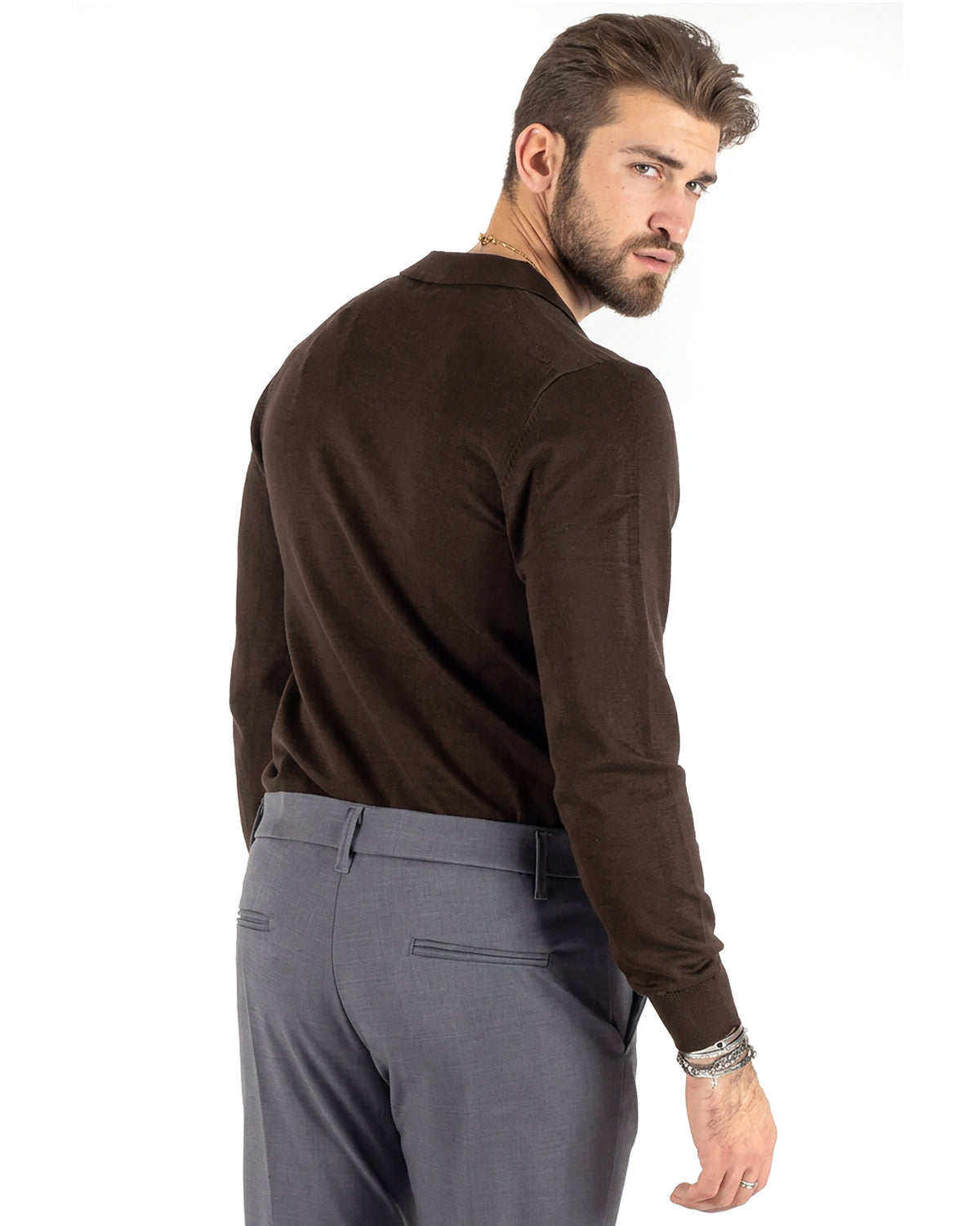 Maglioncino Uomo Maglia Colletto Polo Derby Scollo V Basic Marrone GIOSAL-M3218A