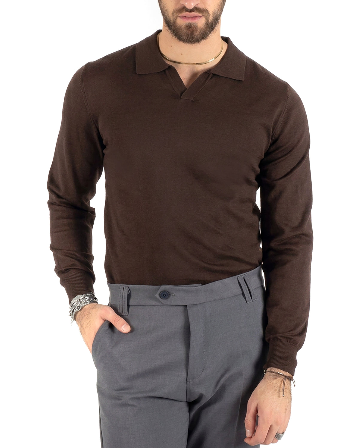 Maglioncino Uomo Maglia Colletto Polo Derby Scollo V Basic Marrone GIOSAL-M3218A