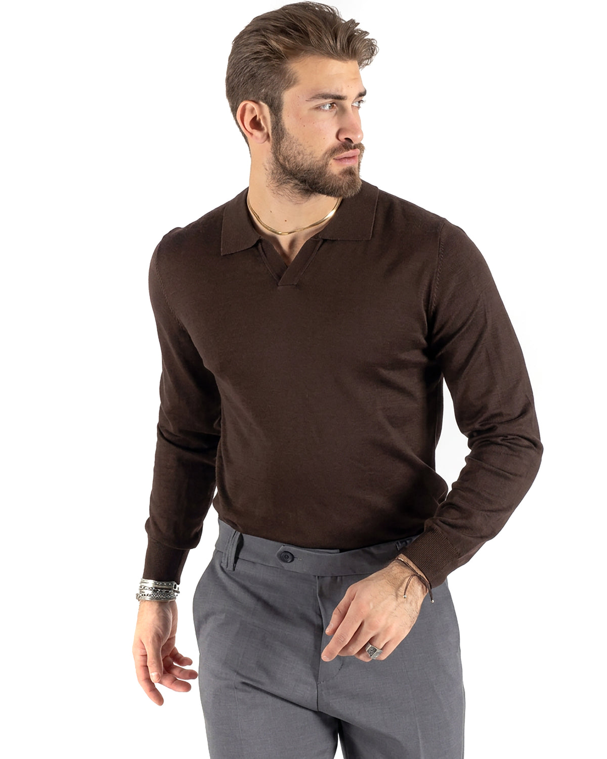 Maglioncino Uomo Maglia Colletto Polo Derby Scollo V Basic Marrone GIOSAL-M3218A