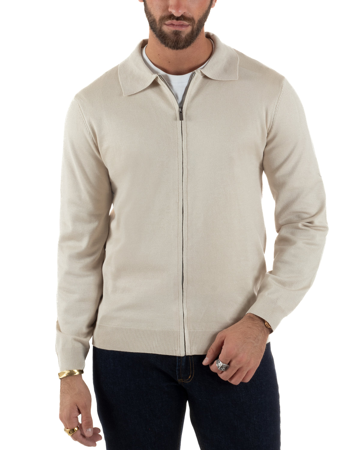 Polo uomo maglia rasata cardigan colletto full zip beige GIOSAL-M3219A